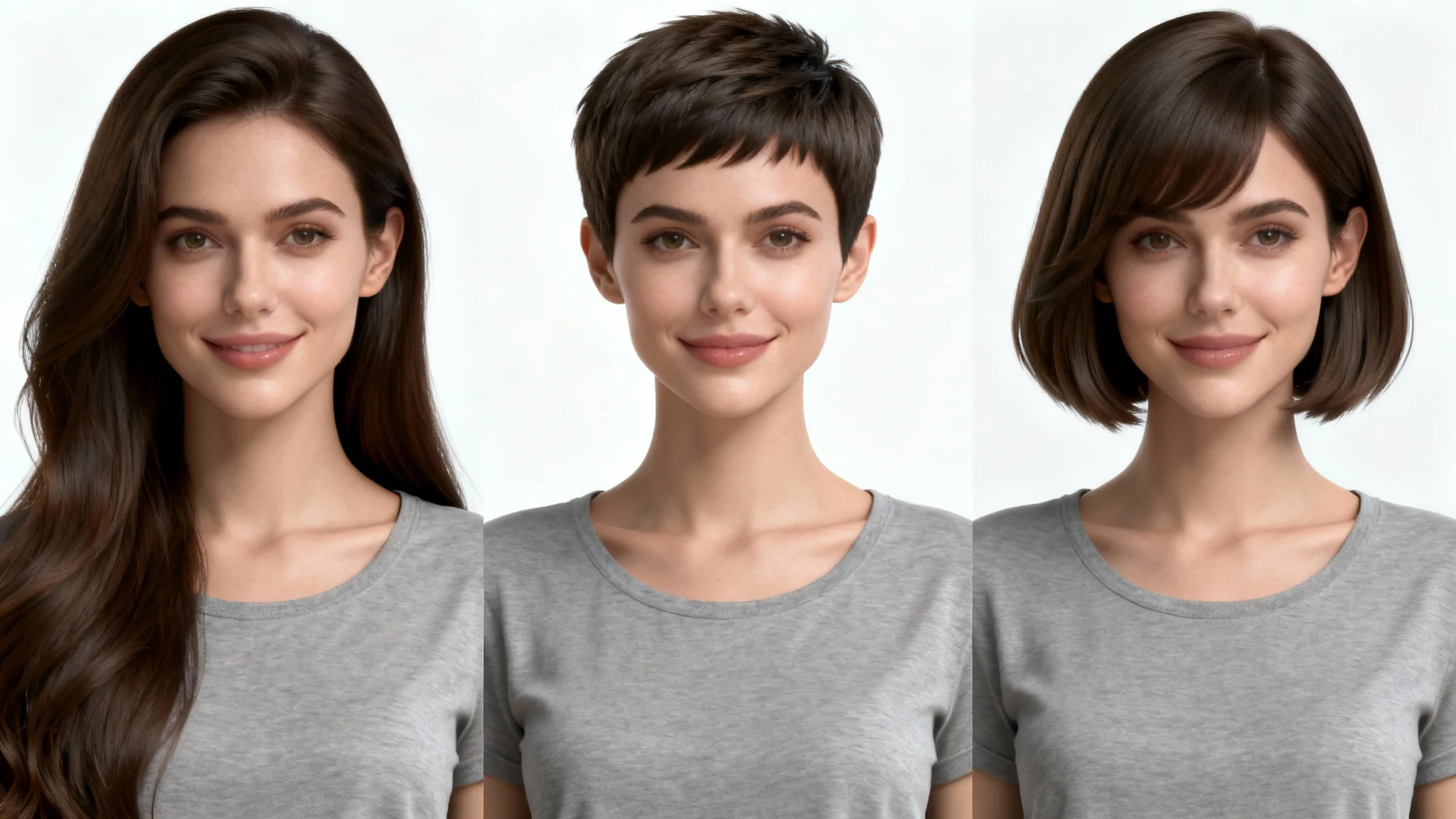 A composite image showing a woman with three different hairstyles to demonstrate a short hair simulator: long hair, a pixie cut, and a bob, all against a clean white background.