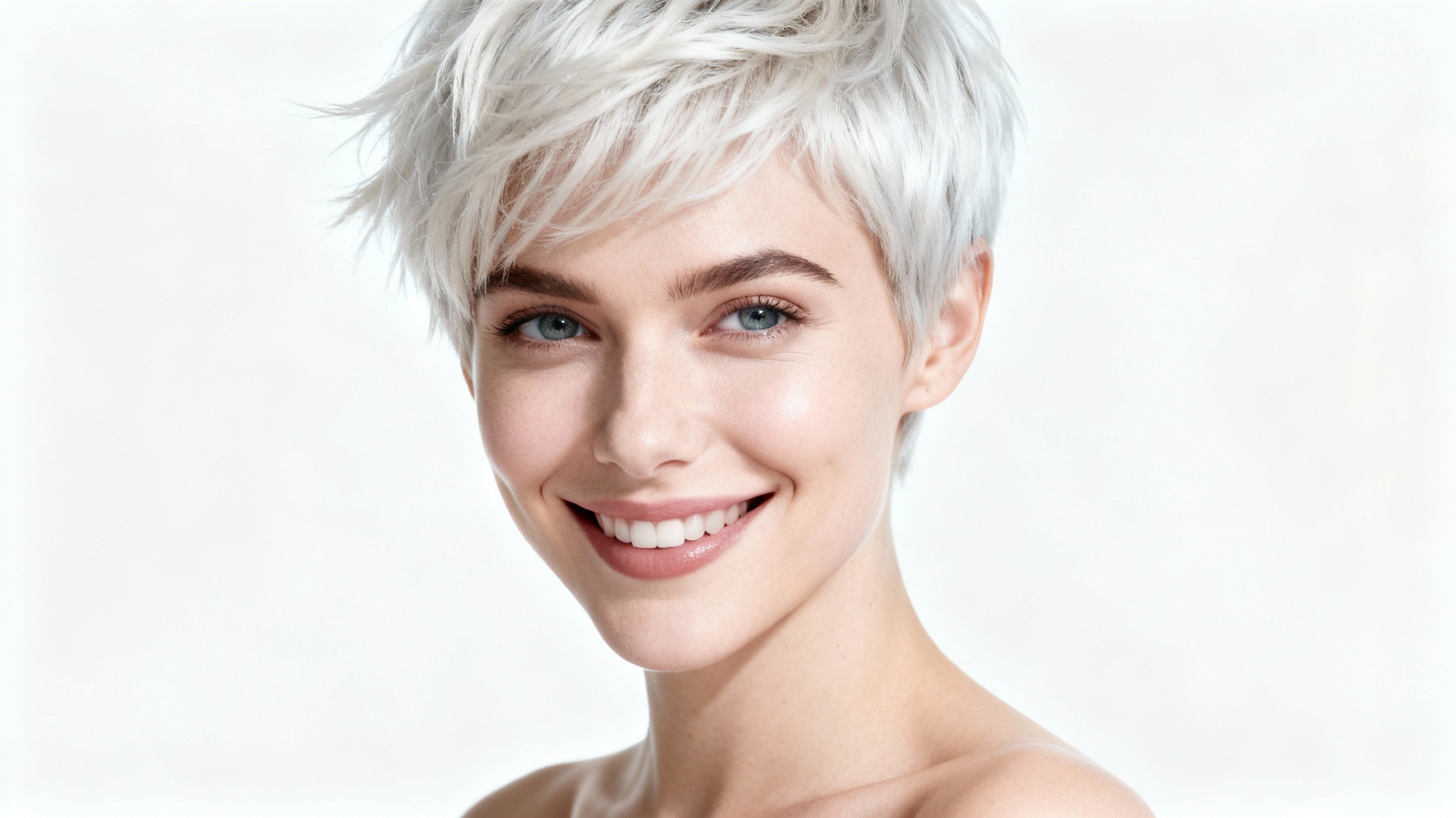A close-up studio photograph of a smiling woman with a chic, short platinum blonde pixie haircut, posing confidently against a solid white background.
