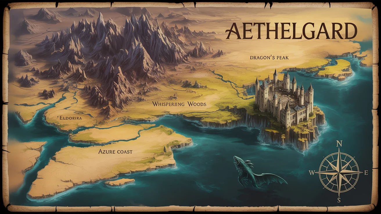 An epic, beautifully rendered fantasy world map for an RPG, showing continents, mountains, and forests on aged parchment, with clear, elegant labels for fictional locations.