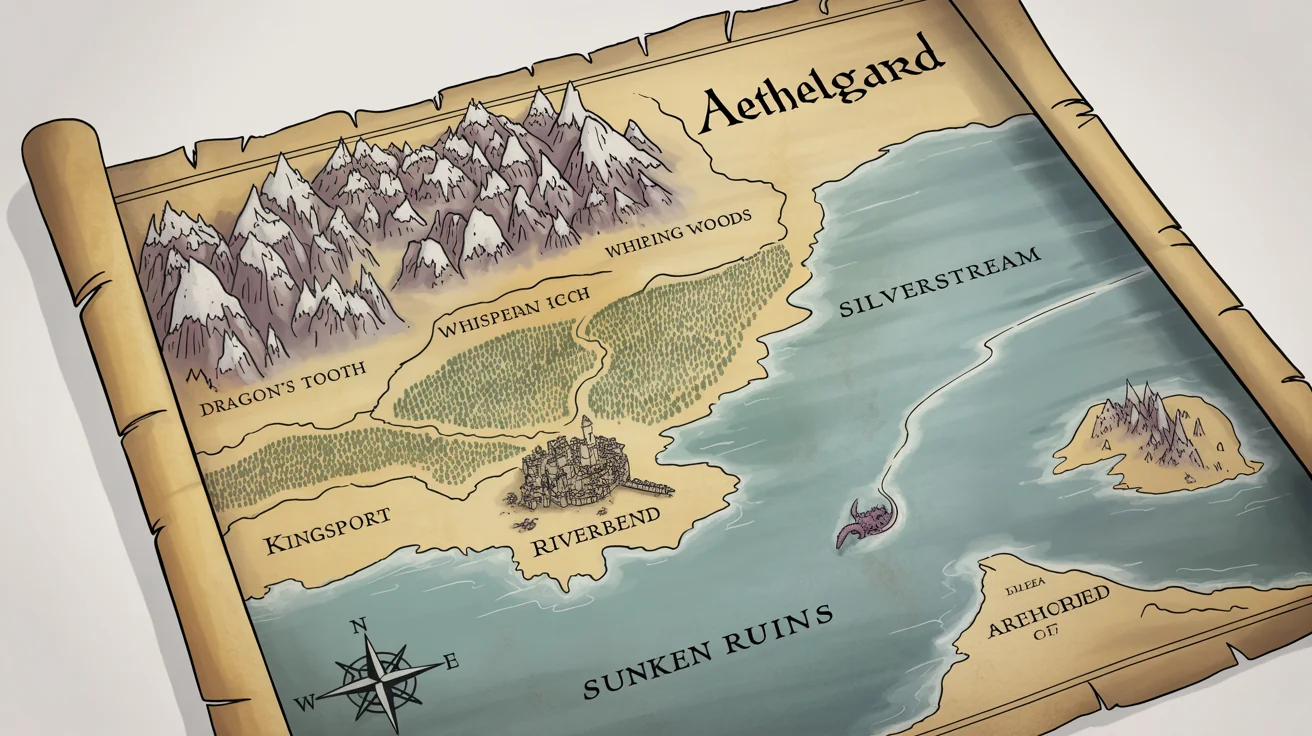 A mockup of a hand-drawn fantasy RPG map on aged parchment, featuring mountains, forests, and cities like 'Kingsport'. The map is displayed against a clean white background.