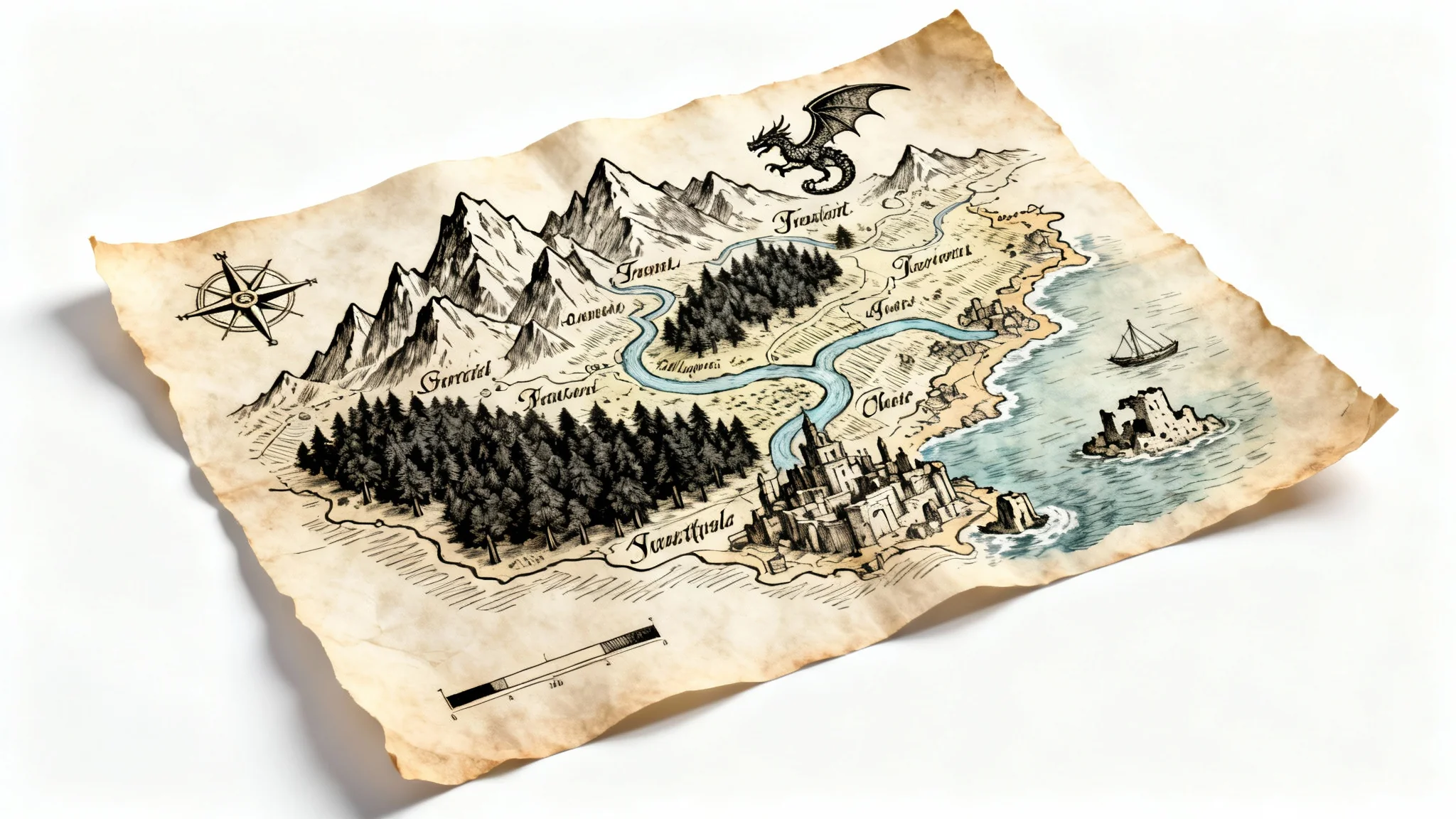 A detailed, hand-drawn fantasy RPG map on aged parchment, featuring mountains, forests, and a city, laid out on a clean white background as a product mockup.