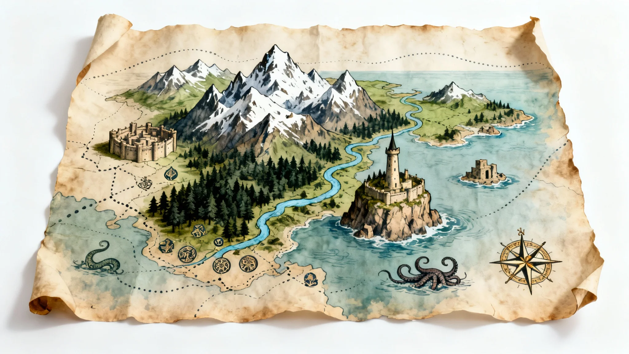 A detailed fantasy world map created for a role-playing game, shown on an aged parchment background. The map includes mountains, forests, a city, and sea monsters.