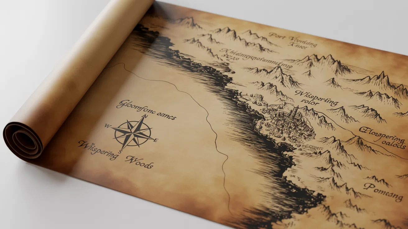 A top-down view of a hand-drawn fantasy RPG map on aged parchment, featuring mountains, forests, and cities, laid out on a clean white background.