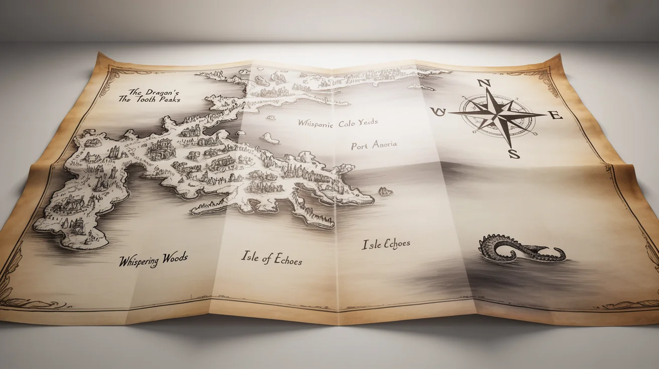 A detailed, hand-drawn fantasy RPG map on aged parchment paper, featuring mountains, forests, and cities with fictional names, presented as a product mockup on a clean white background.
