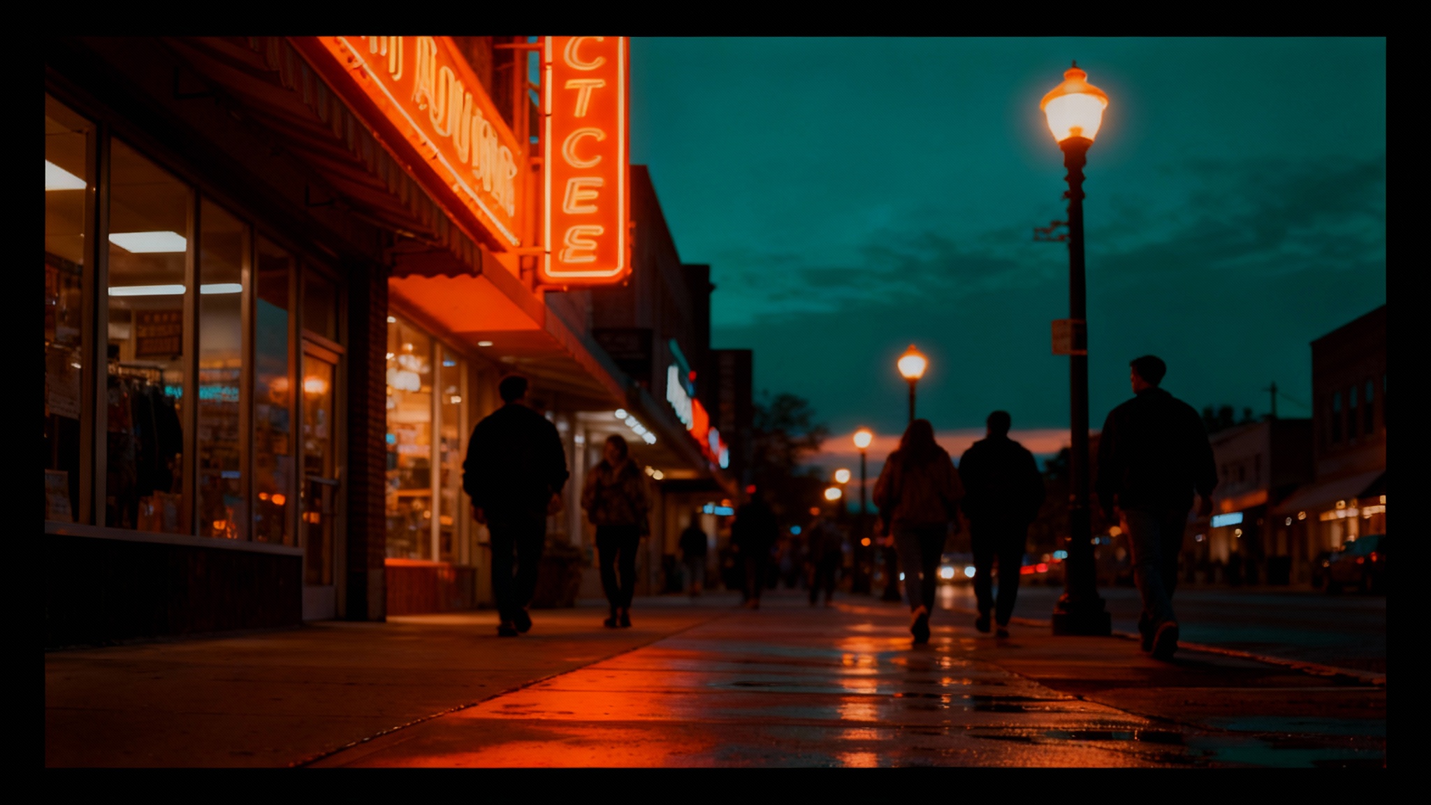 A cinematic hero image of a city at dusk, demonstrating a professional teal and orange color grade. The deep teal sky contrasts beautifully with the glowing orange lights of the city, which are reflected on wet streets.