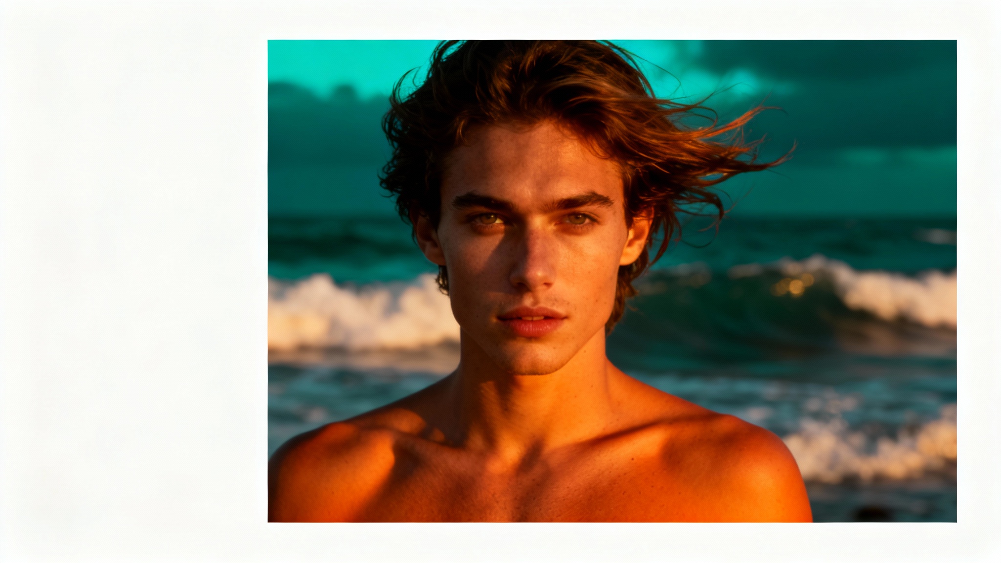 A dramatic portrait of a person with warm, orange-toned skin standing against a cool, teal-colored ocean background, demonstrating the popular teal and orange cinematic color effect.