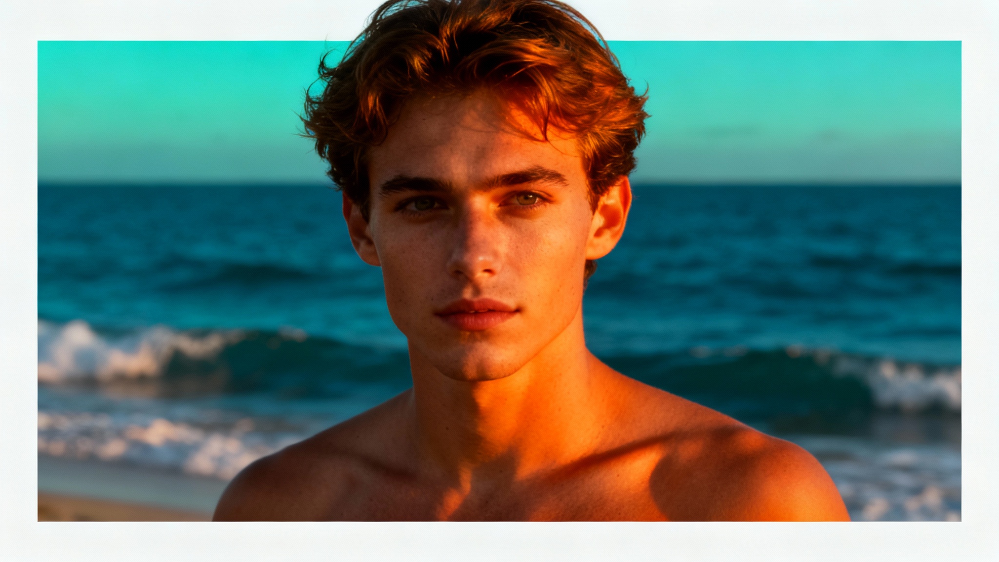 A cinematic photograph of a person on a beach, illustrating the teal and orange color grading with warm skin tones set against a cool blue and teal ocean background.