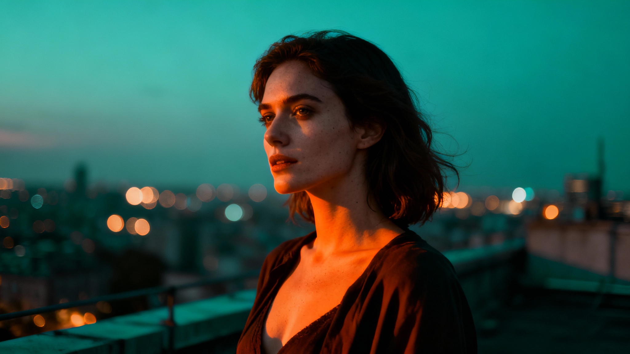 A photorealistic portrait demonstrating a teal and orange color look. A woman's skin glows with warm orange light, contrasting sharply with the deep teal shadows and background.