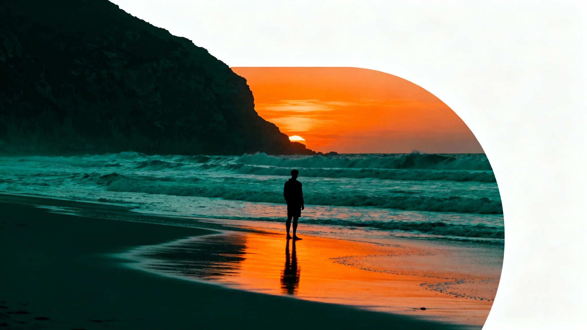 A professional photograph of a beach sunset with a cinematic teal and orange color grading. The sun casts a warm orange glow, while the ocean waves are a deep teal.