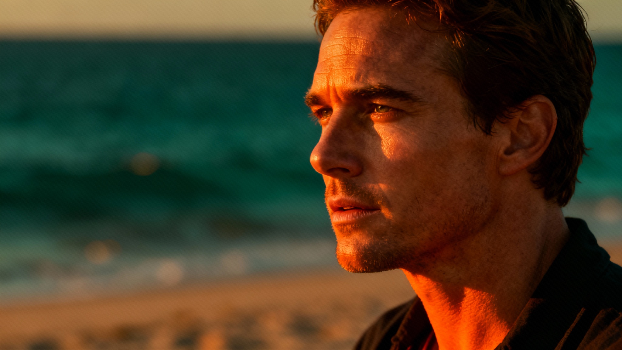 A cinematic photograph demonstrating a teal and orange color grading effect, featuring a person on a beach at sunset with vibrant orange highlights and deep teal shadows.