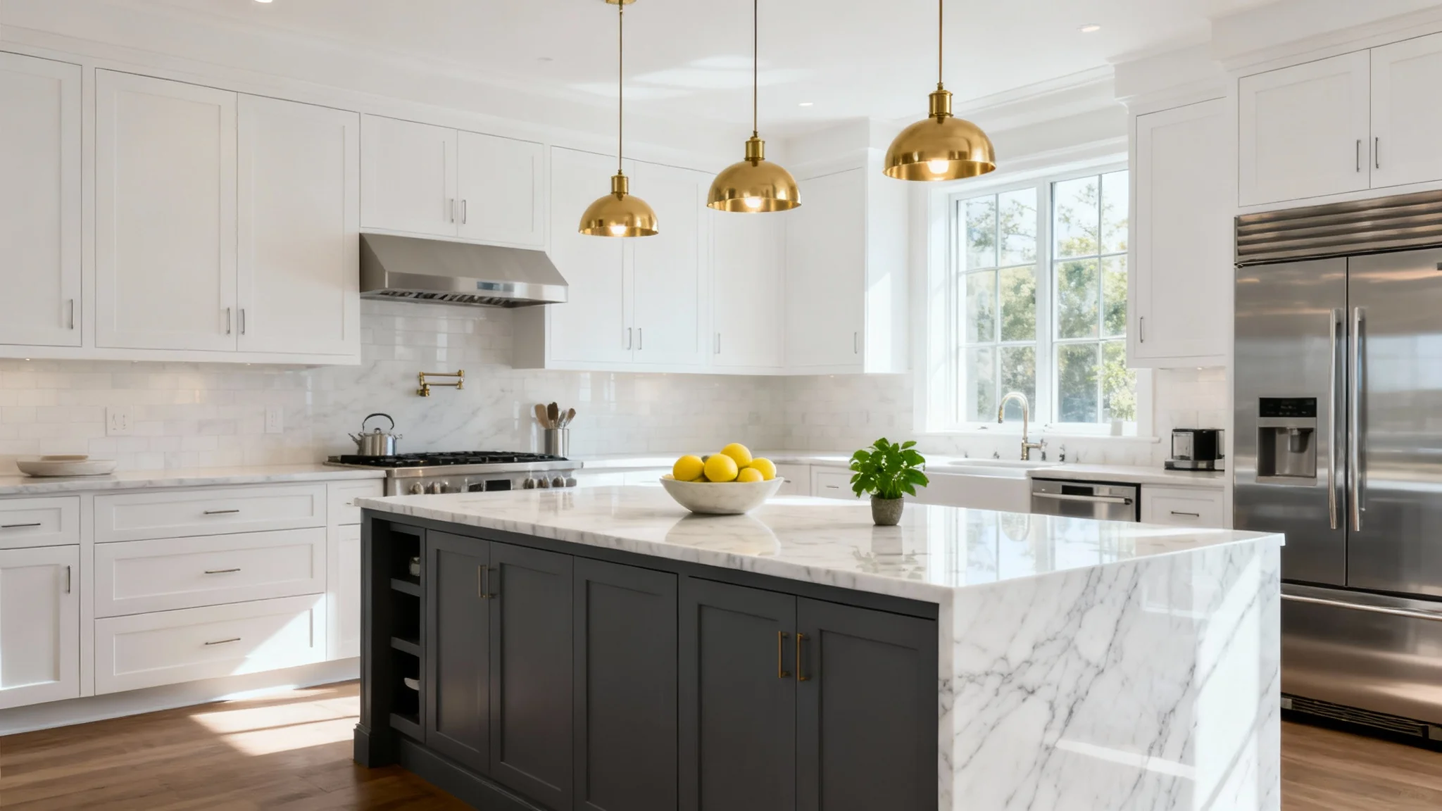 A photograph of a stunning, newly remodeled modern kitchen with white cabinets, a dark gray island with a waterfall countertop, and bright, natural lighting, showcasing a high-end design result.