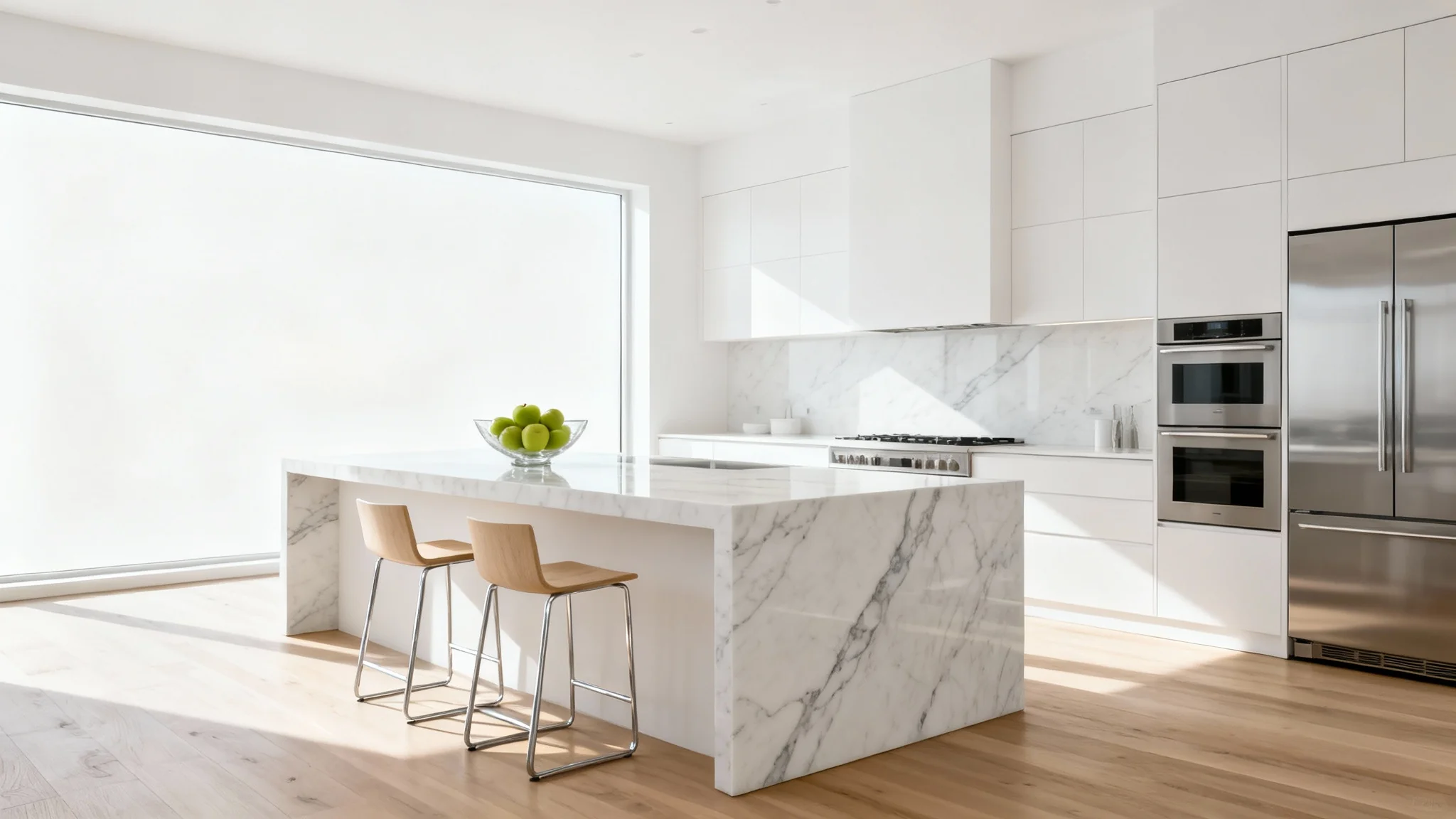 A stunning, bright modern kitchen remodel with white cabinets, a large marble waterfall island, stainless steel appliances, and light wood floors, presented in a clean, minimalist style.