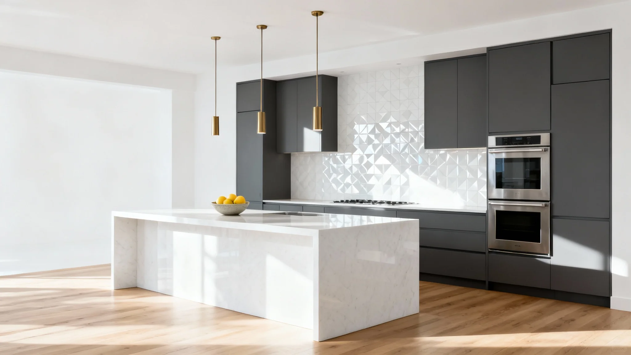 A photograph of a modern, newly remodeled kitchen featuring a large white quartz island, dark grey cabinets, and stainless steel appliances, all bathed in bright natural light.