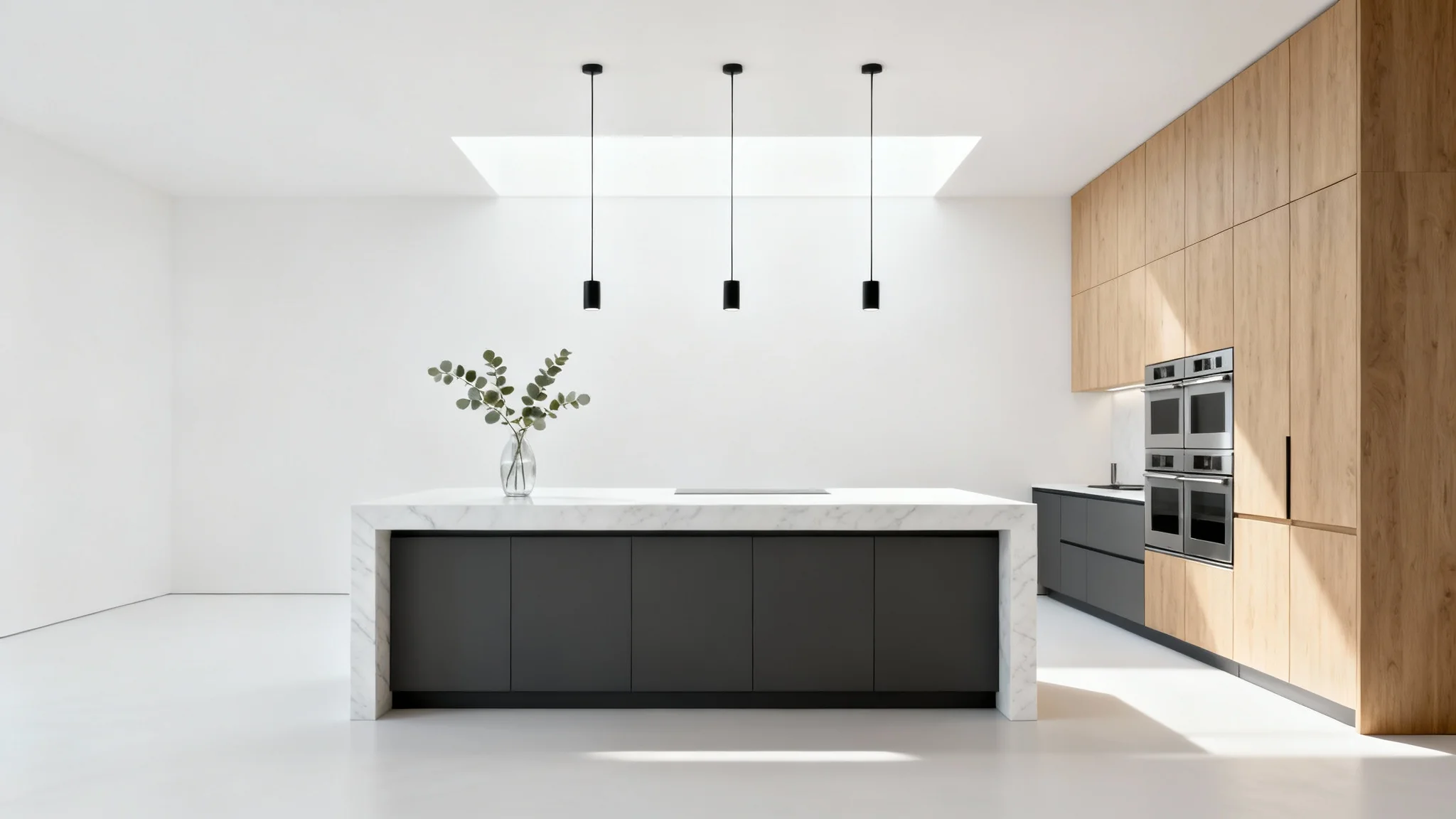 A stunning, newly remodeled modern kitchen featuring a white marble waterfall island, two-tone charcoal and oak cabinets, and minimalist decor, all presented against a clean white background.