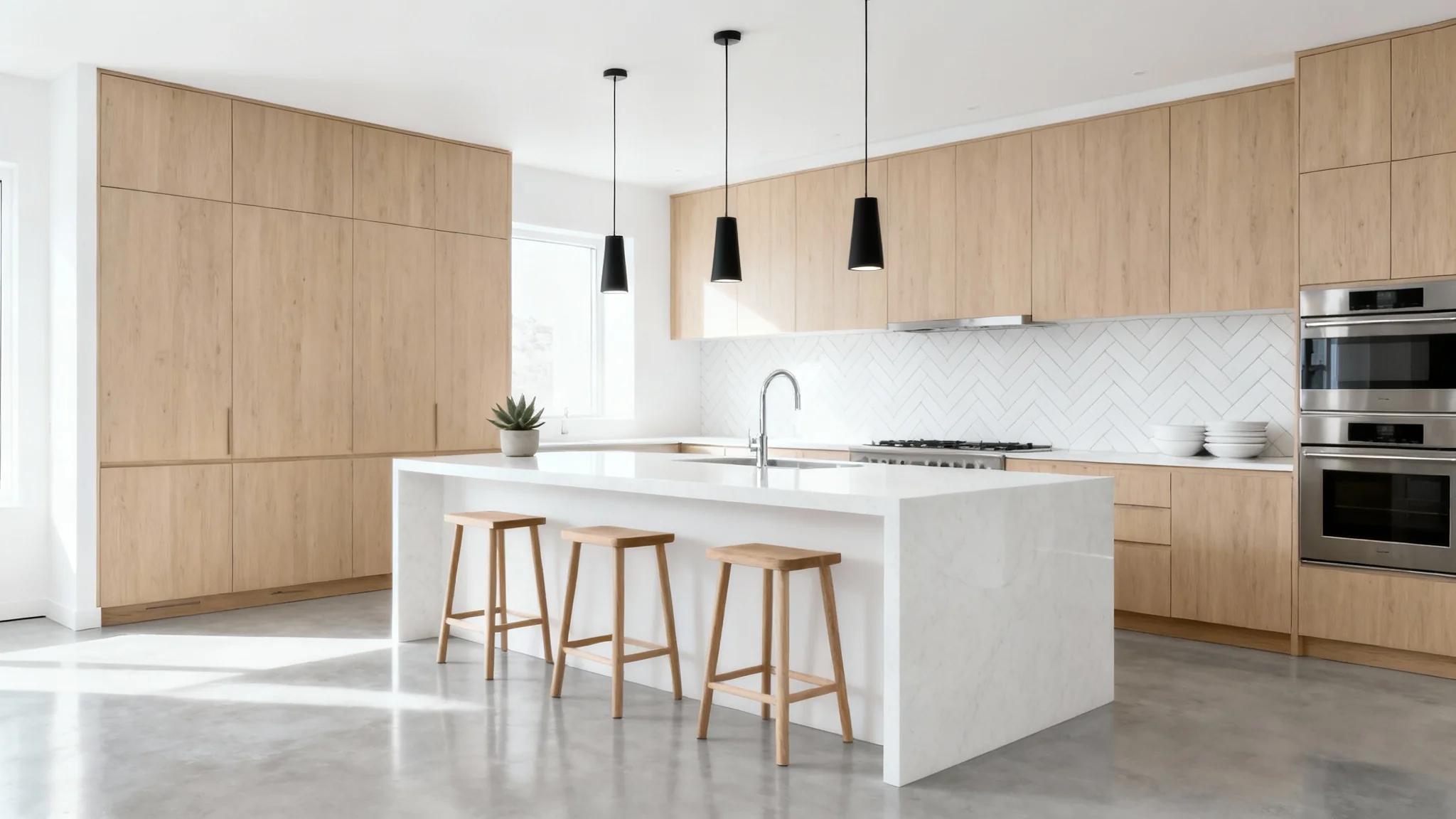A photorealistic mockup of a modern Scandinavian kitchen remodel, featuring light oak cabinets, a white quartz island, and minimalist decor, isolated on a white background.
