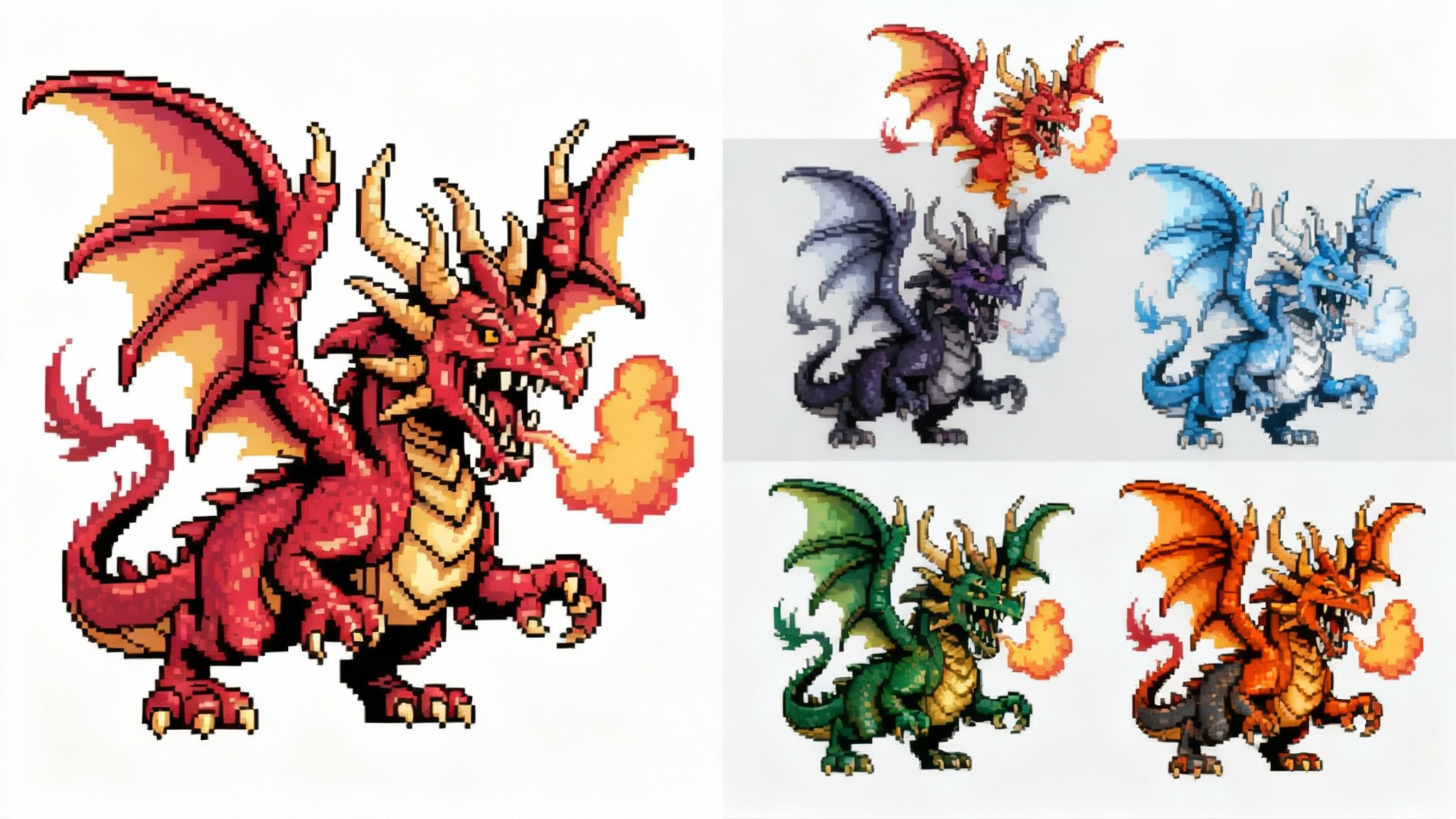 A before-and-after showcase of a pixel art sprite recolor tool. On the left is a red dragon sprite, and on the right are four copies of the same dragon in different color palettes: blue/white, purple/black, green/gold, and orange/charcoal.