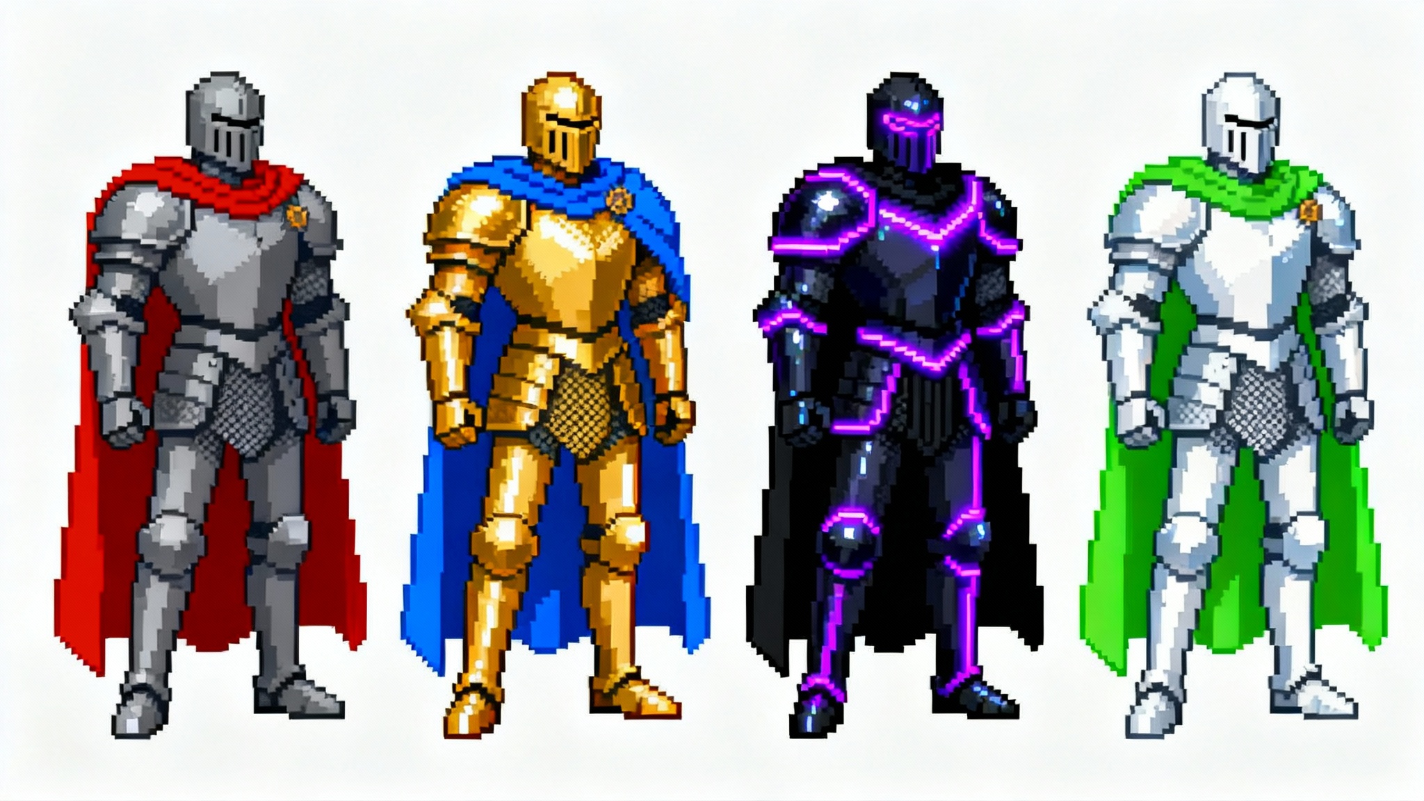 A row of four identical 16-bit pixel art knight sprites against a white background, each with a different color palette for their armor and cape to showcase a recoloring effect.