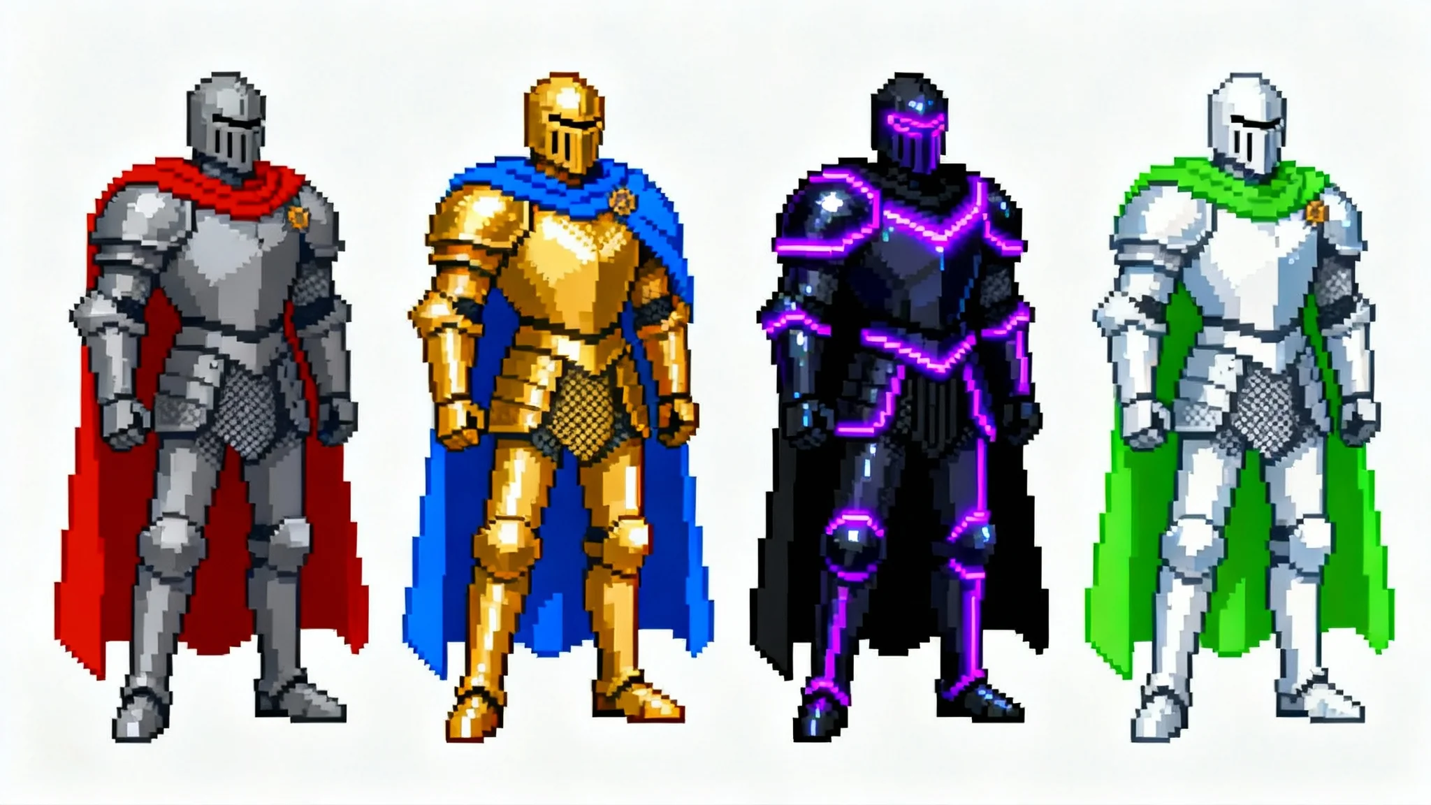 A row of four identical 16-bit pixel art knight sprites against a white background, each with a different color palette for their armor and cape to showcase a recoloring effect.