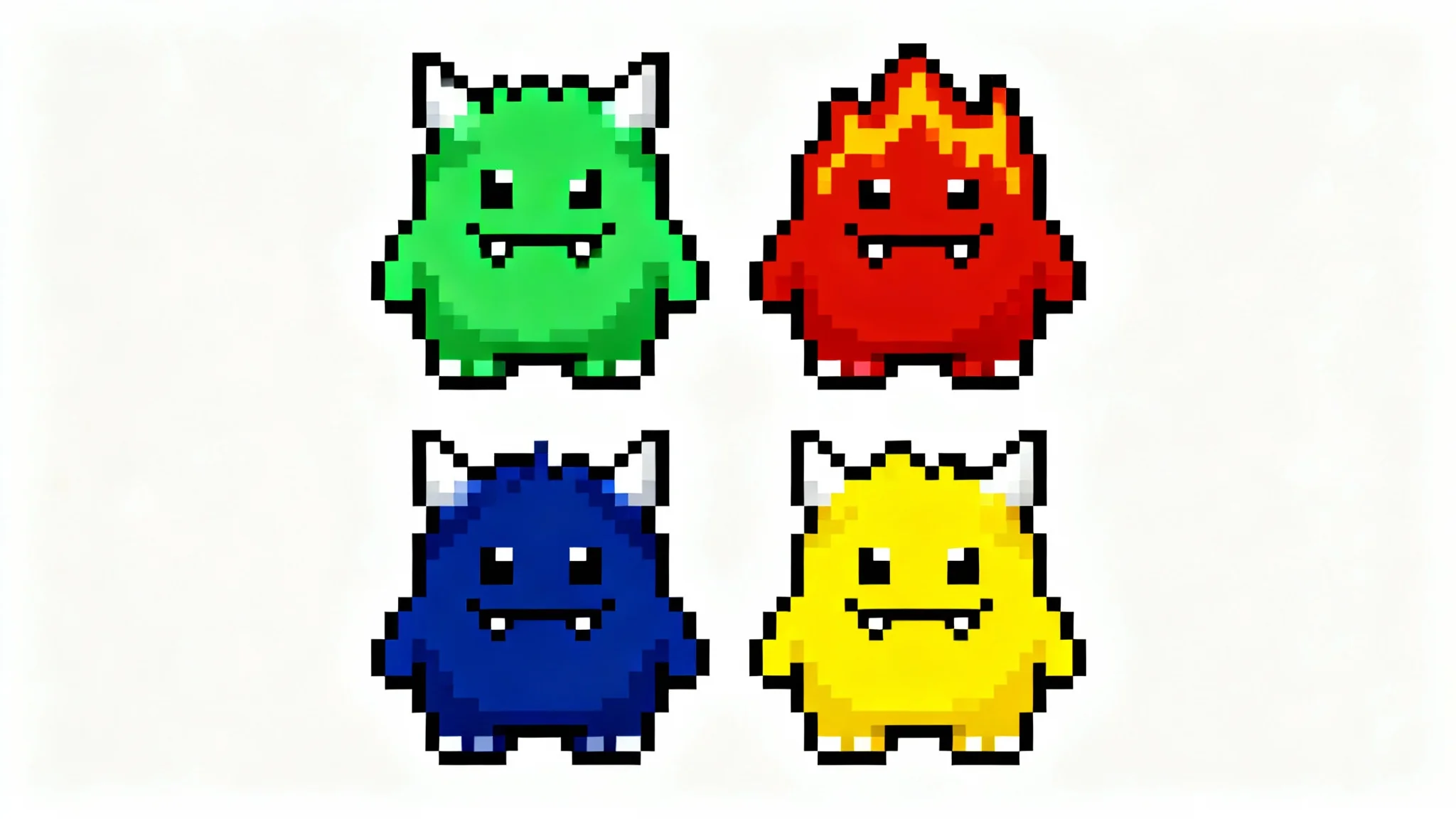A grid of four identical pixel art monsters, each colored differently, green, red, blue, and yellow to illustrate the concept of recoloring sprites.