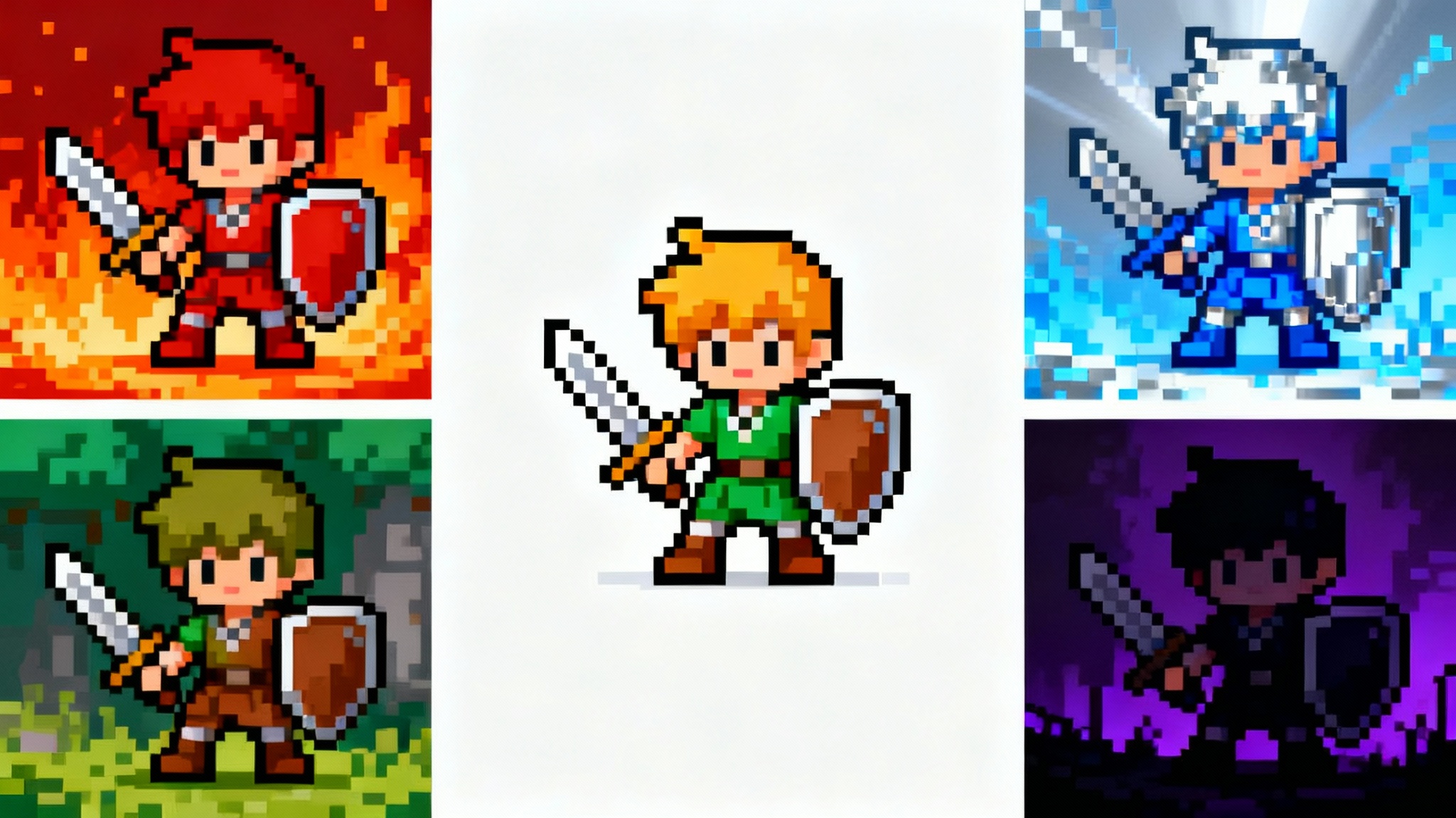 A central 16-bit pixel art sprite of a hero surrounded by four identical sprites, each with a different color scheme, demonstrating the concept of recoloring.