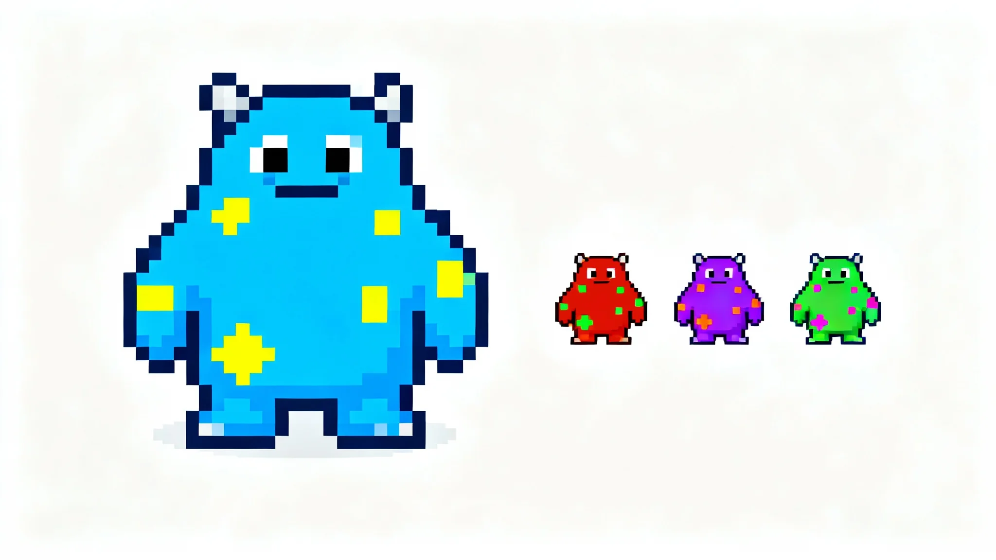 An illustration showing a blue pixel art monster sprite being recolored into three different versions: red, purple, and green, all on a plain white background.