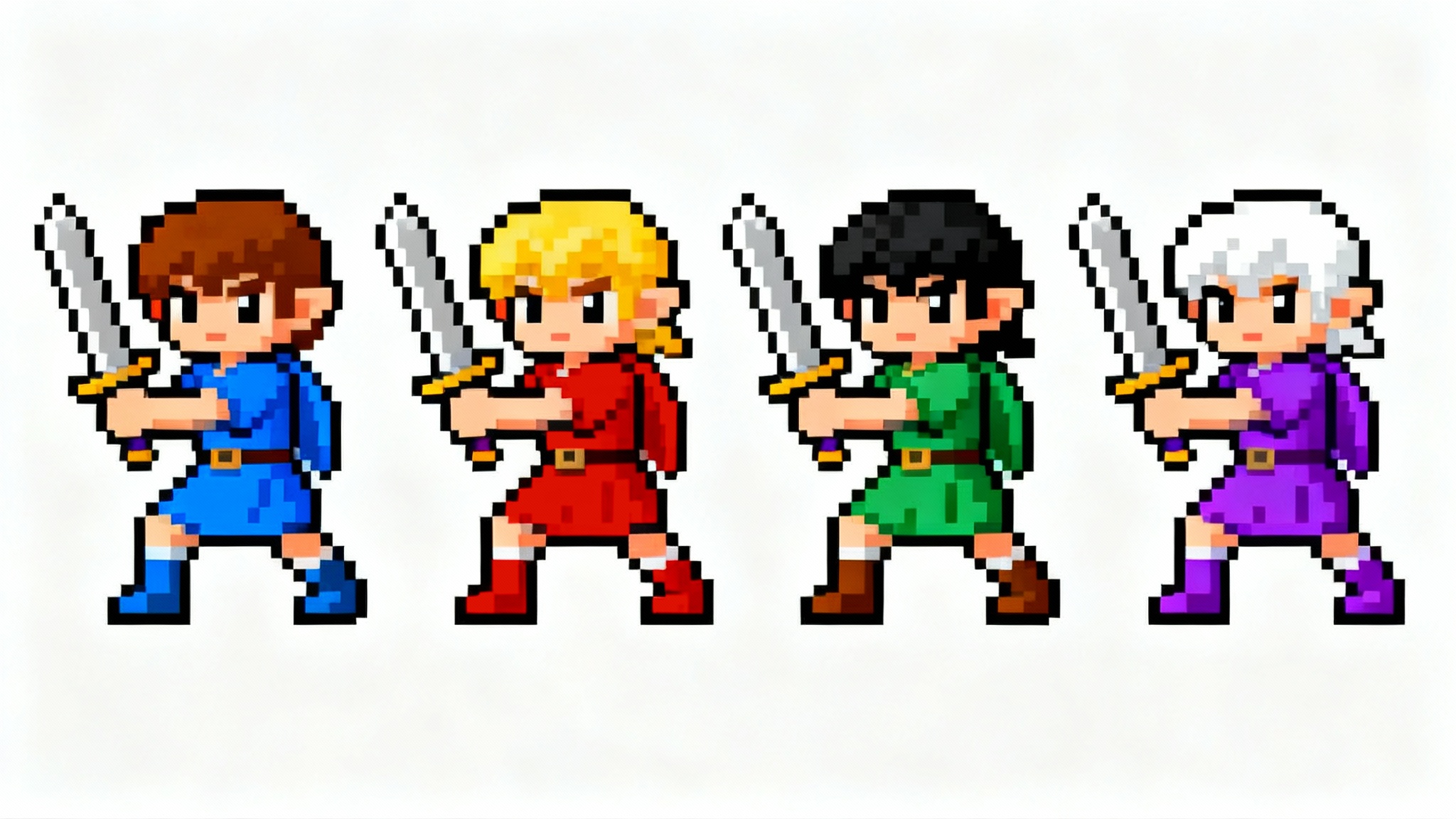 Four identical pixel art video game sprites of a hero with a sword, each recolored with a different vibrant color palette, displayed in a row on a white background.
