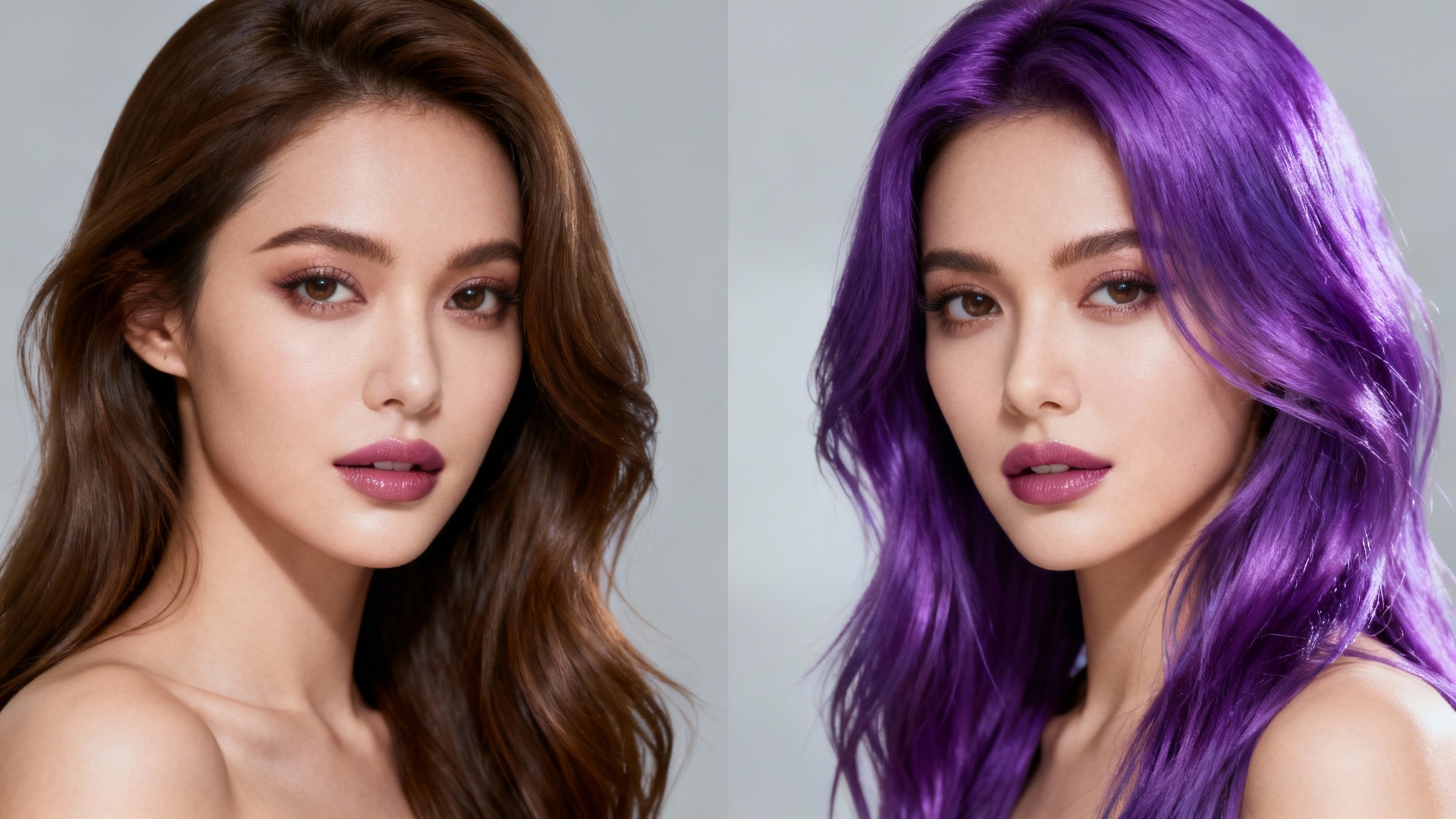 A split-screen comparison of a woman before and after using a virtual hair color tool. The left side shows her with natural brunette hair, and the right side shows her with a vibrant, realistic purple hair color.