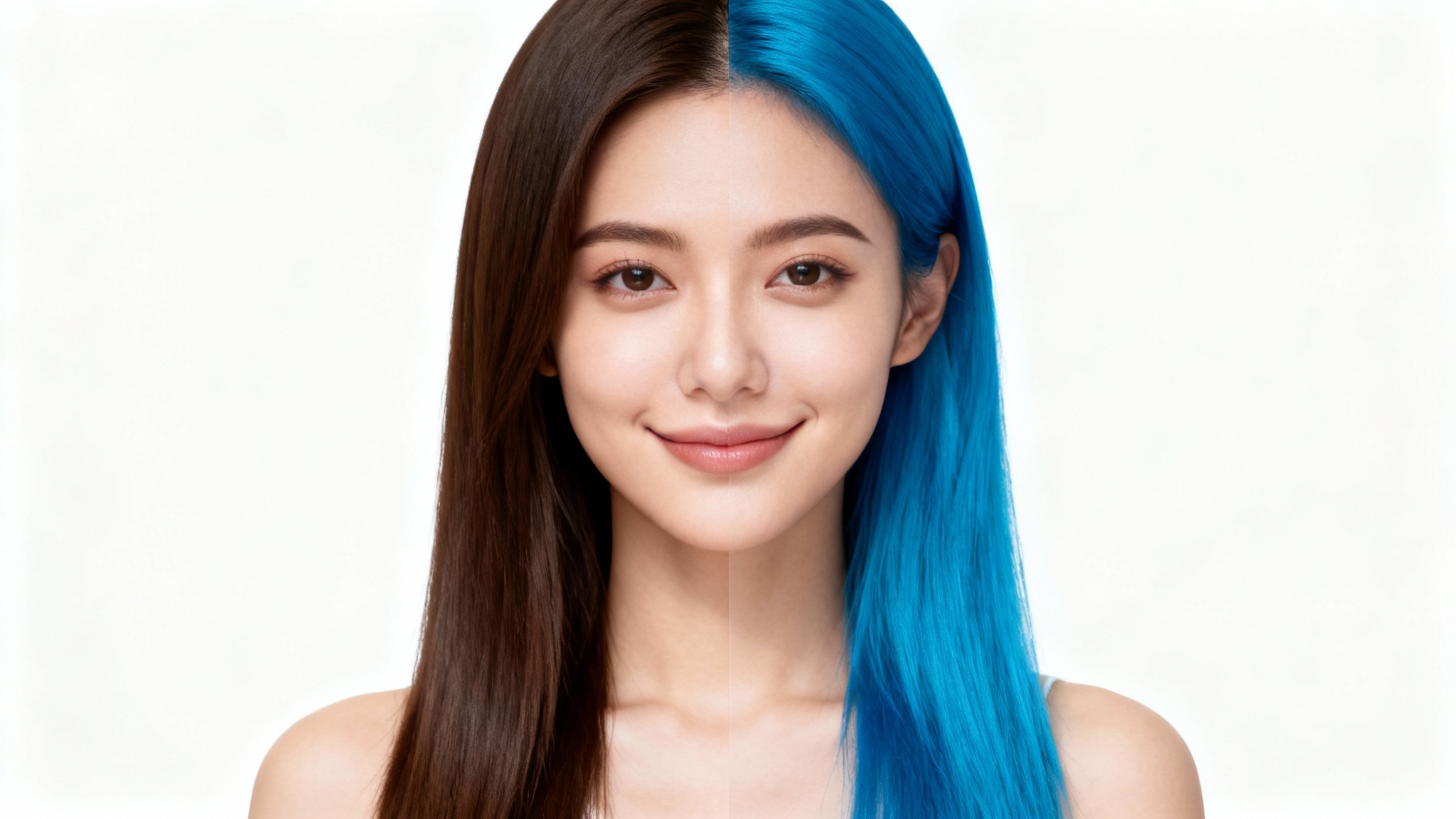 A split-screen image demonstrating a virtual hair color tool. The left side shows a woman with dark brown hair, and the right side shows her with the same hairstyle but in a vibrant electric blue color, against a clean white background.