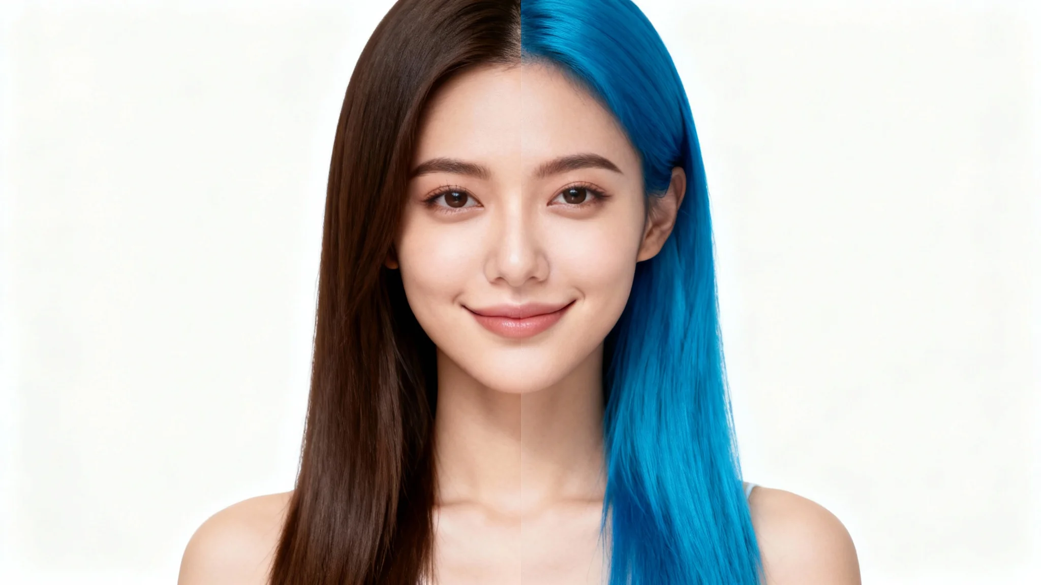 A split-screen image demonstrating a virtual hair color tool. The left side shows a woman with dark brown hair, and the right side shows her with the same hairstyle but in a vibrant electric blue color, against a clean white background.