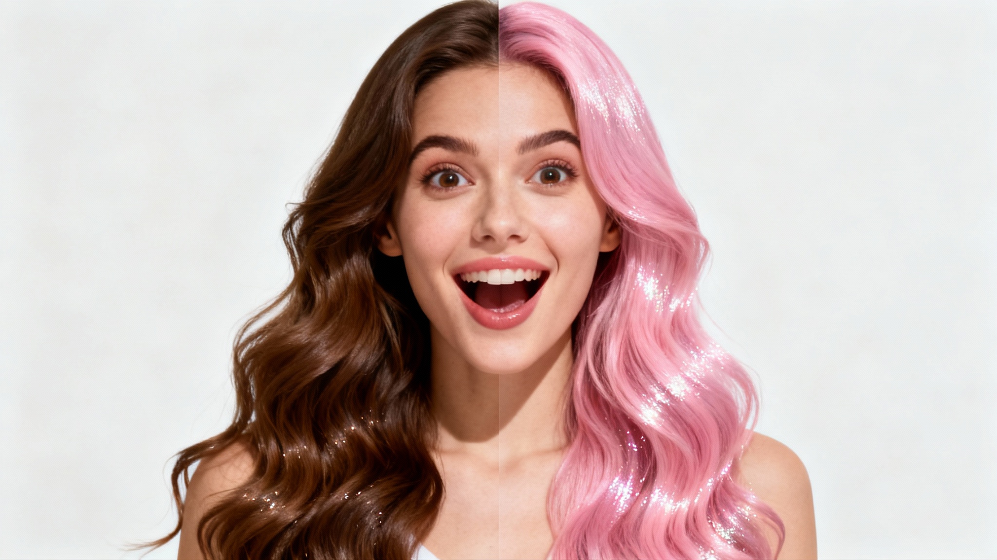 A split-screen image of a woman's headshot demonstrating a virtual hair color change. On the left side, she has natural brown hair, and on the right side, her hair is colored a vibrant pastel pink.