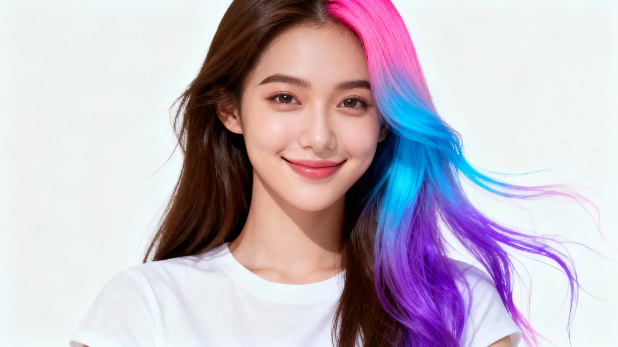 A woman with her long hair split into two styles: one side is natural brown, and the other side is a vibrant, colorful gradient of pink, blue, and purple, demonstrating a virtual hair color try-on.
