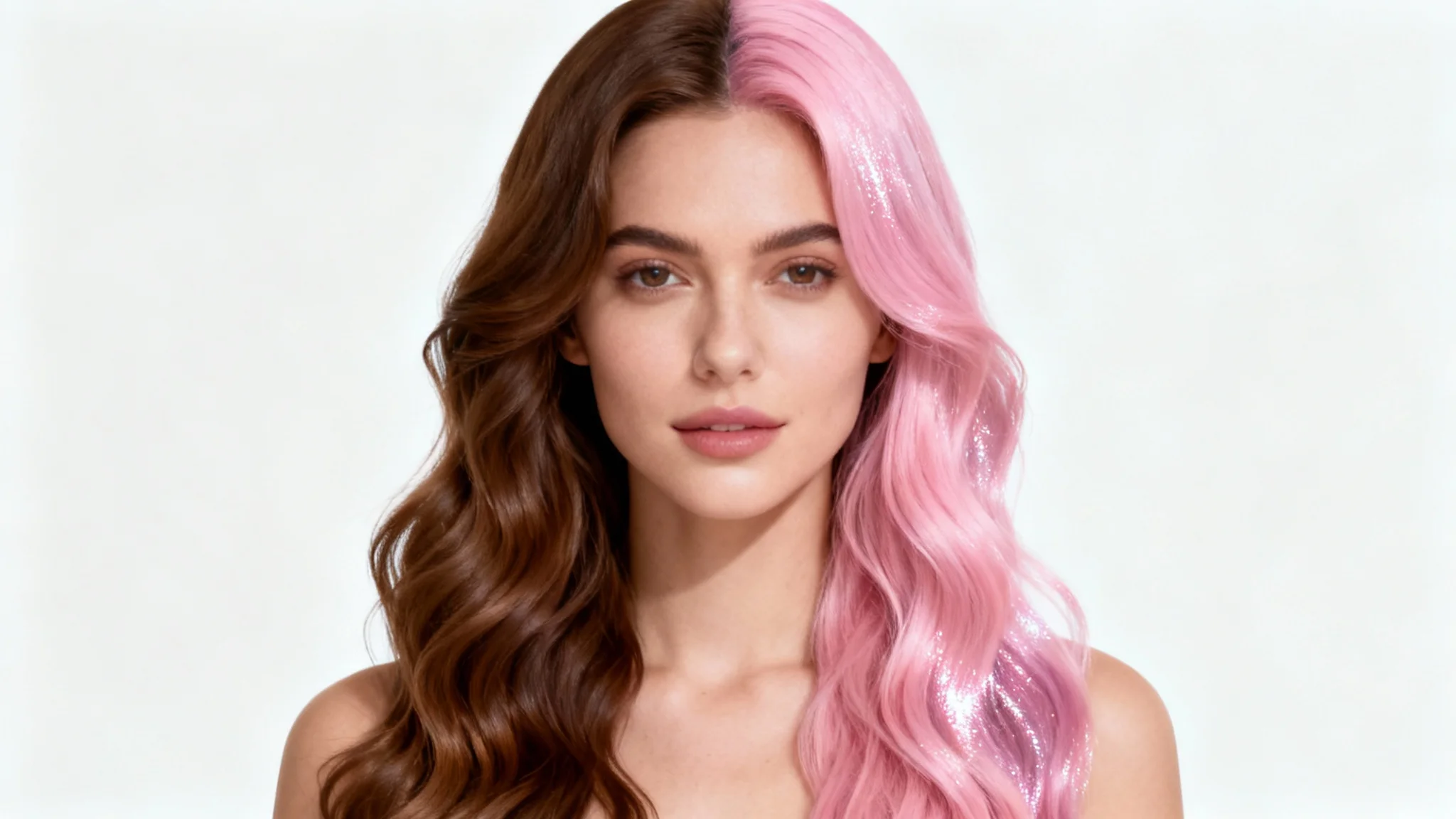 A photorealistic image of a woman with her hair split into two distinct colors, natural brown and vibrant pastel pink, demonstrating a virtual hair color change on a clean white background.