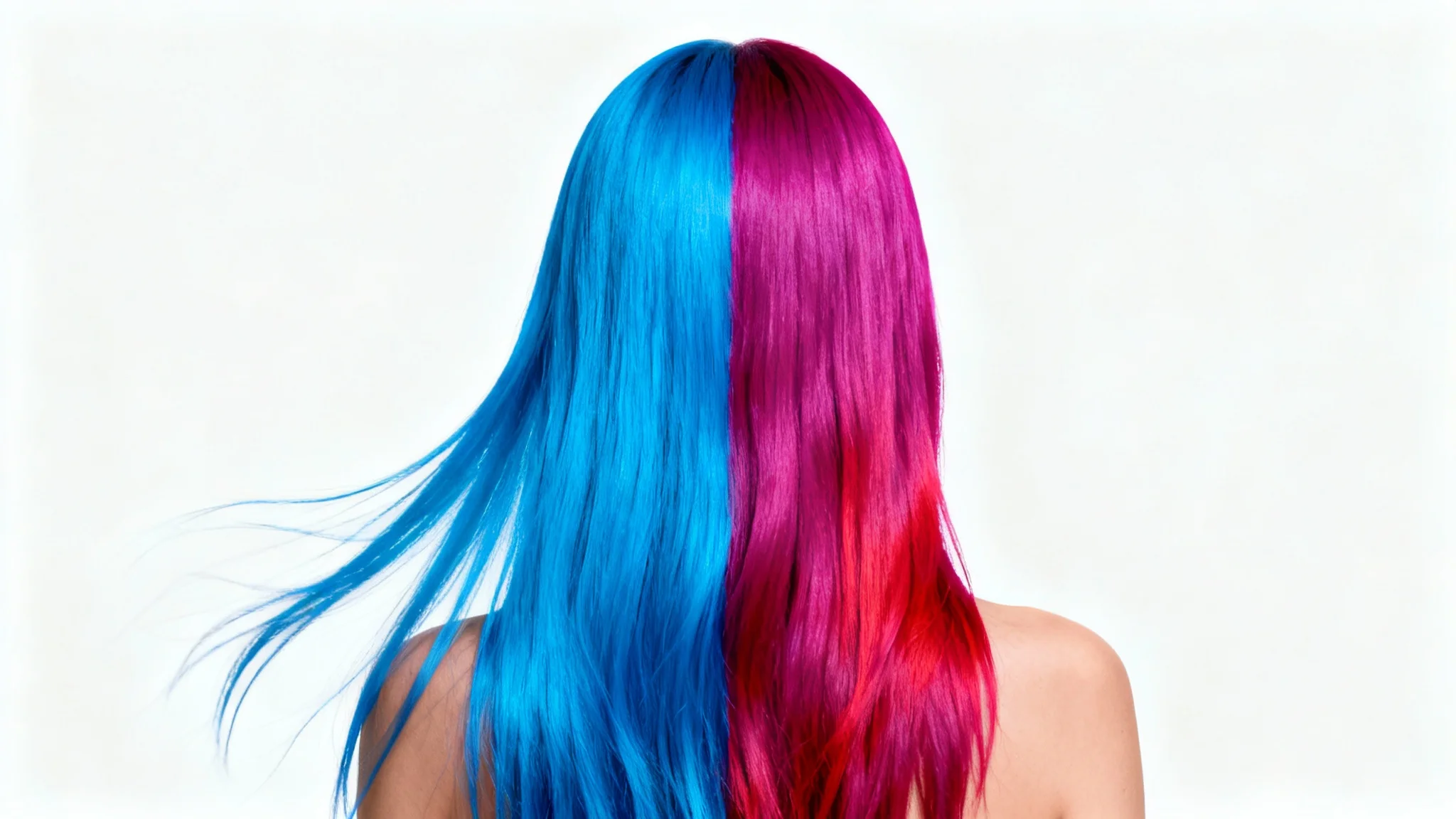 A photorealistic image from behind of a woman with long hair, perfectly parted into two colors: electric blue on the left and vibrant magenta on the right, demonstrating a virtual hair color application.