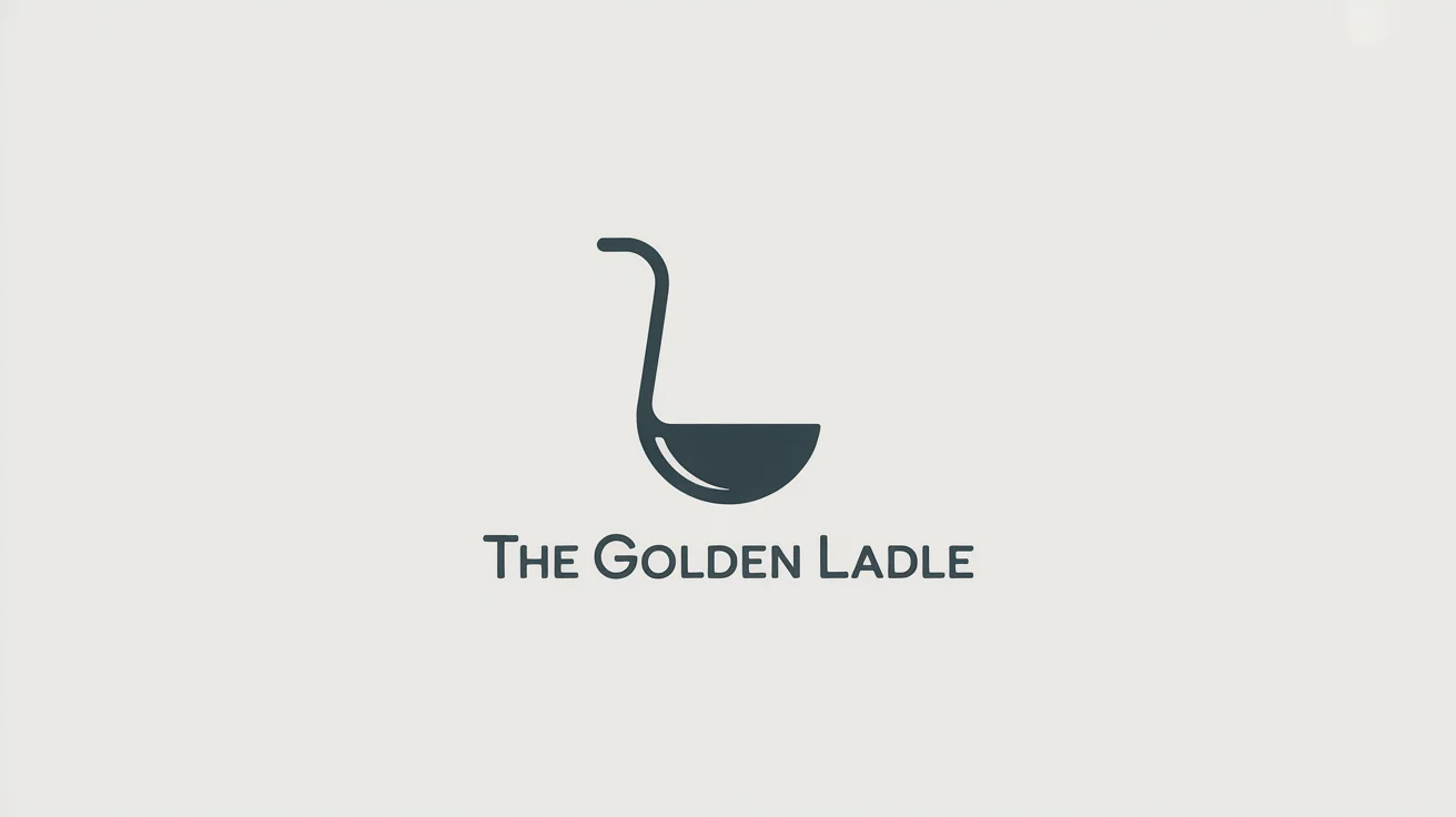 A modern, minimalist logo design for 'The Golden Ladle,' featuring a stylized charcoal gray ladle icon above the brand name, centered on a pure white background.