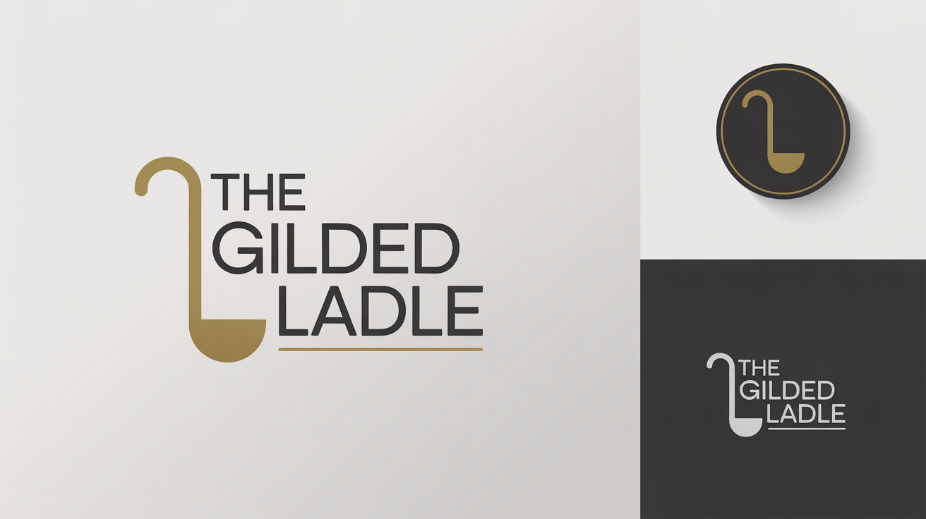 A professional logo design mockup for a brand called 'The Gilded Ladle', showcasing a main logo with a golden ladle icon and two smaller variations on a white background.