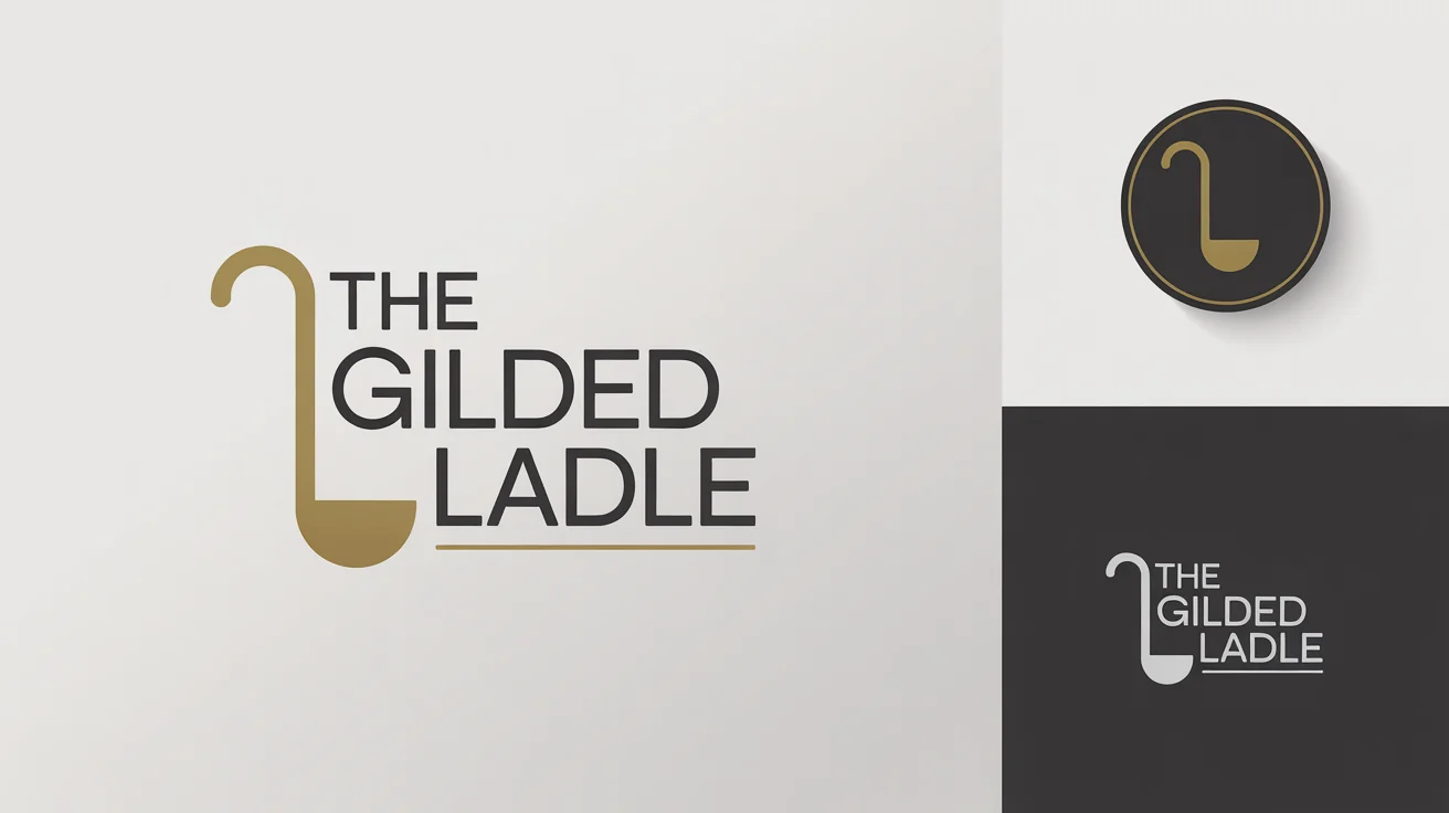 A professional logo design mockup for a brand called 'The Gilded Ladle', showcasing a main logo with a golden ladle icon and two smaller variations on a white background.