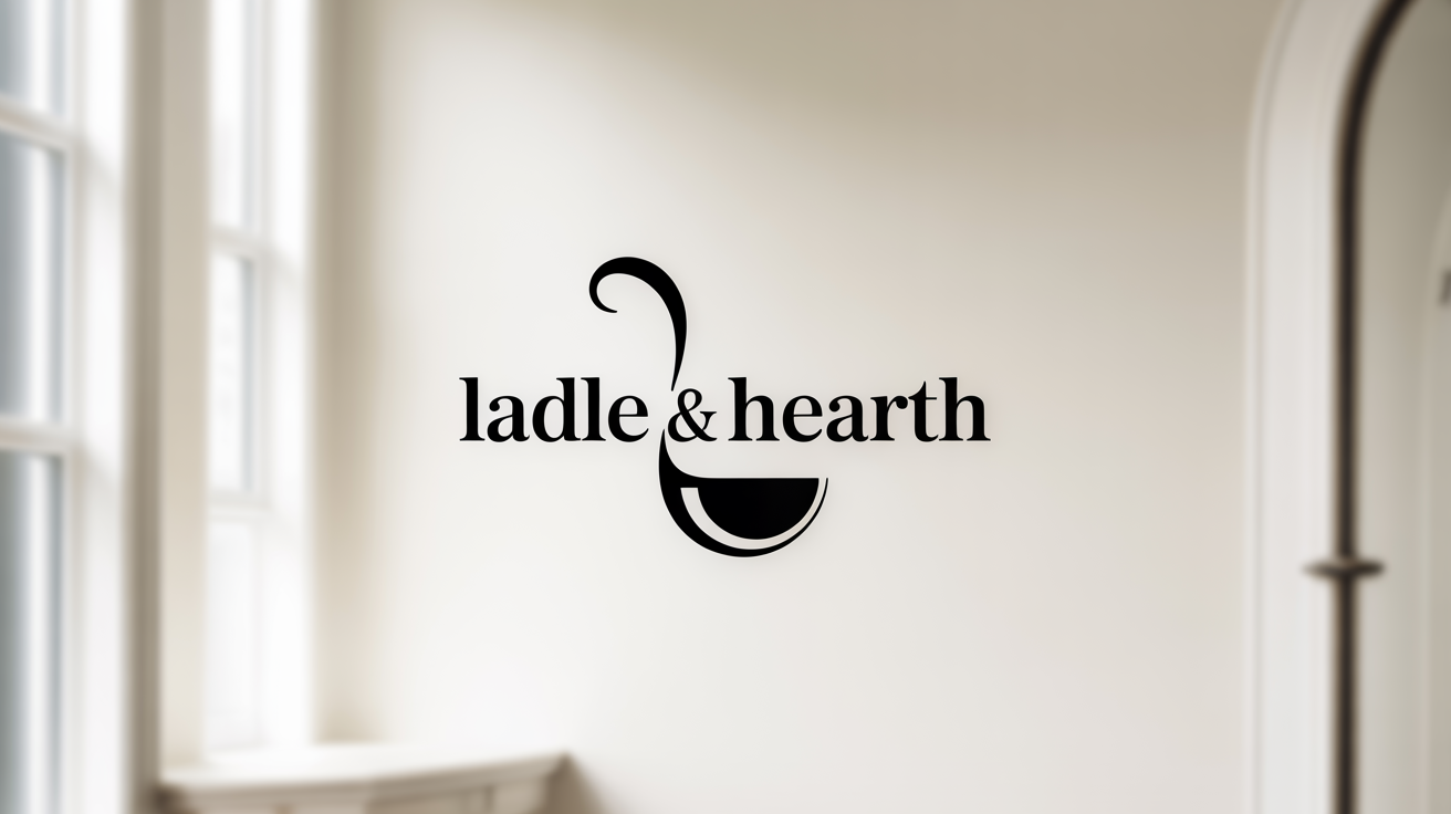 A modern, minimalist logo mockup for a culinary brand named 'Ladle & Hearth'. The logo features a stylized ladle and is displayed in charcoal gray on a plain white background.