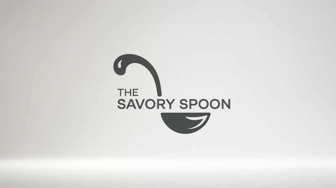 A modern, minimalist logo mockup featuring a charcoal gray ladle icon and the text 'The Savory Spoon' on a clean white background.