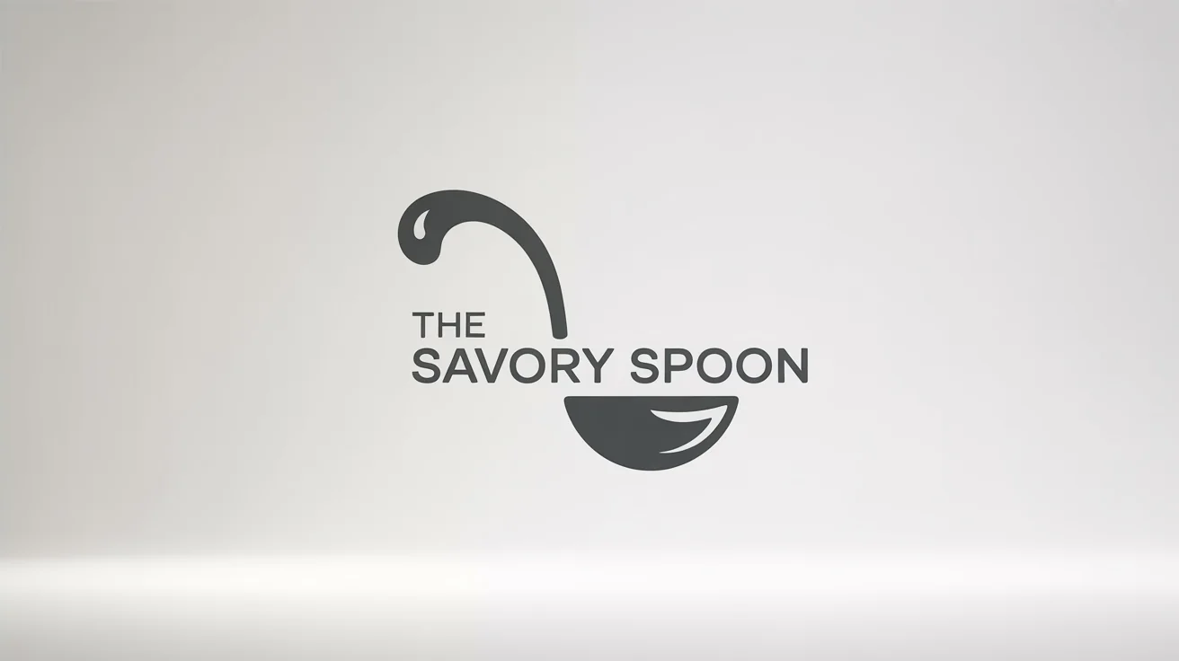 A modern, minimalist logo mockup featuring a charcoal gray ladle icon and the text 'The Savory Spoon' on a clean white background.