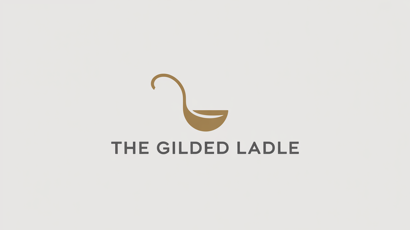 A professional logo mockup for a brand called 'The Gilded Ladle', featuring a stylized bronze ladle icon above the brand name on a clean white background.