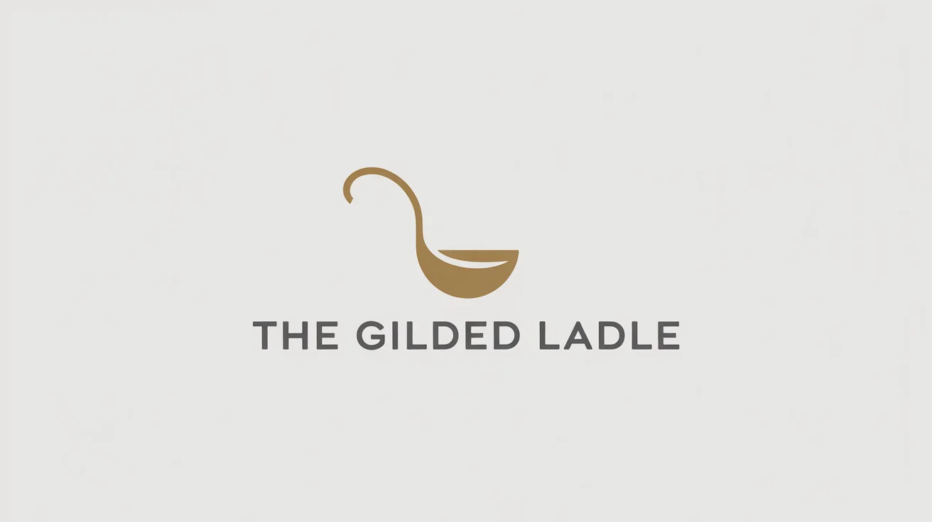 A professional logo mockup for a brand called 'The Gilded Ladle', featuring a stylized bronze ladle icon above the brand name on a clean white background.