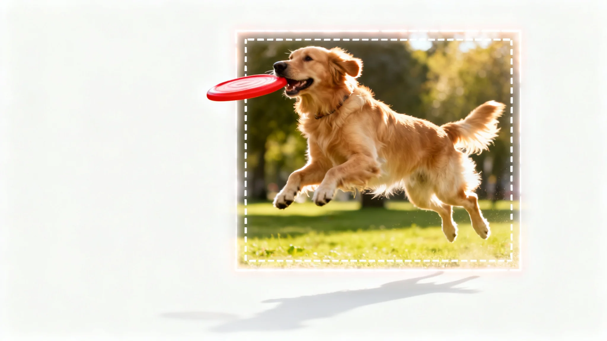 An action shot of a dog catching a frisbee, with a glowing rectangle overlaid to illustrate the concept of smart cropping on a white background.