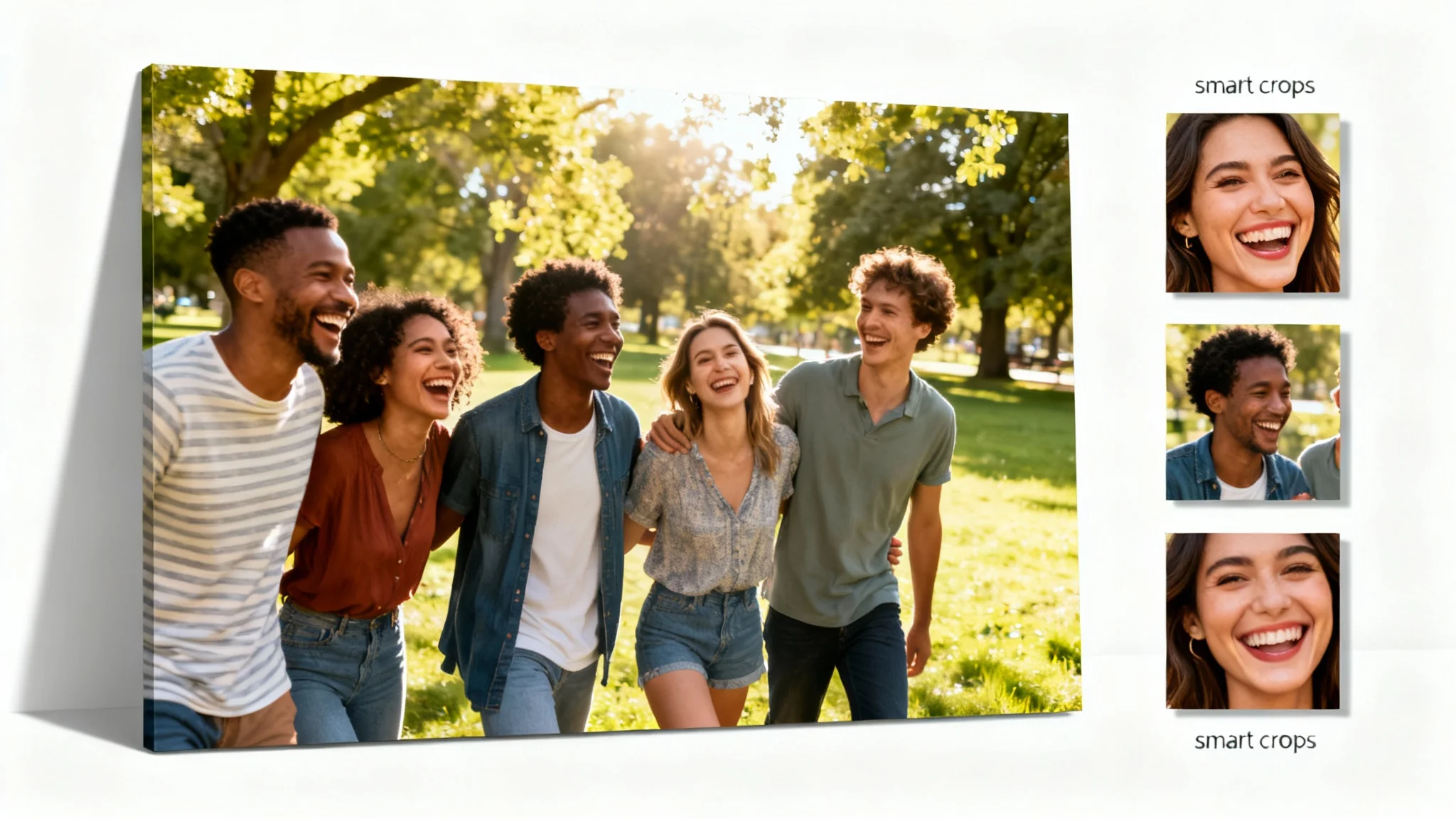 A visual representation of a smart crop tool, showing a large group photo next to three smaller, perfectly framed close-ups of individual people from the original image, all on a white background.