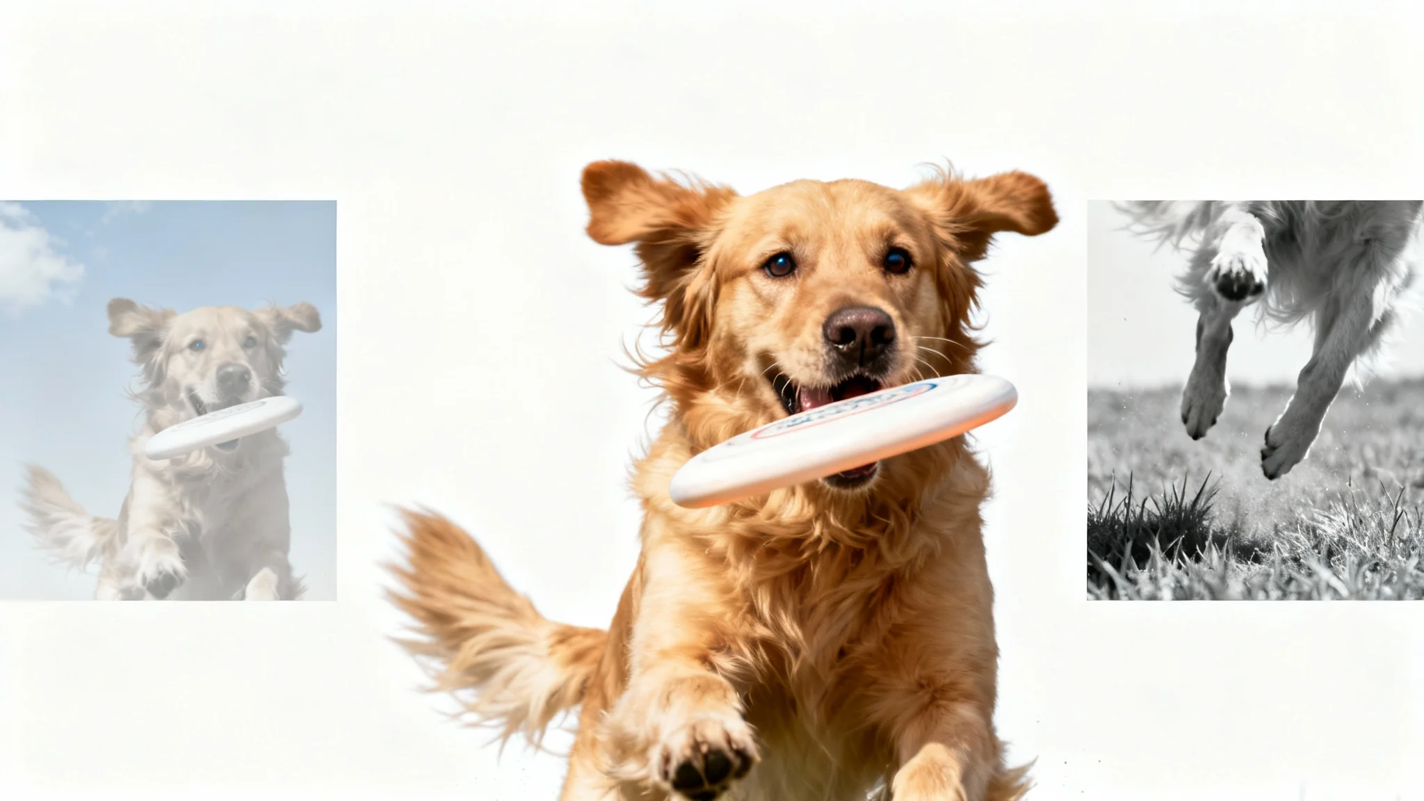 A visual representation of a smart crop feature, showing a central, perfectly framed image of a dog catching a frisbee, flanked by two poorly cropped versions of the same photo, all on a white background.