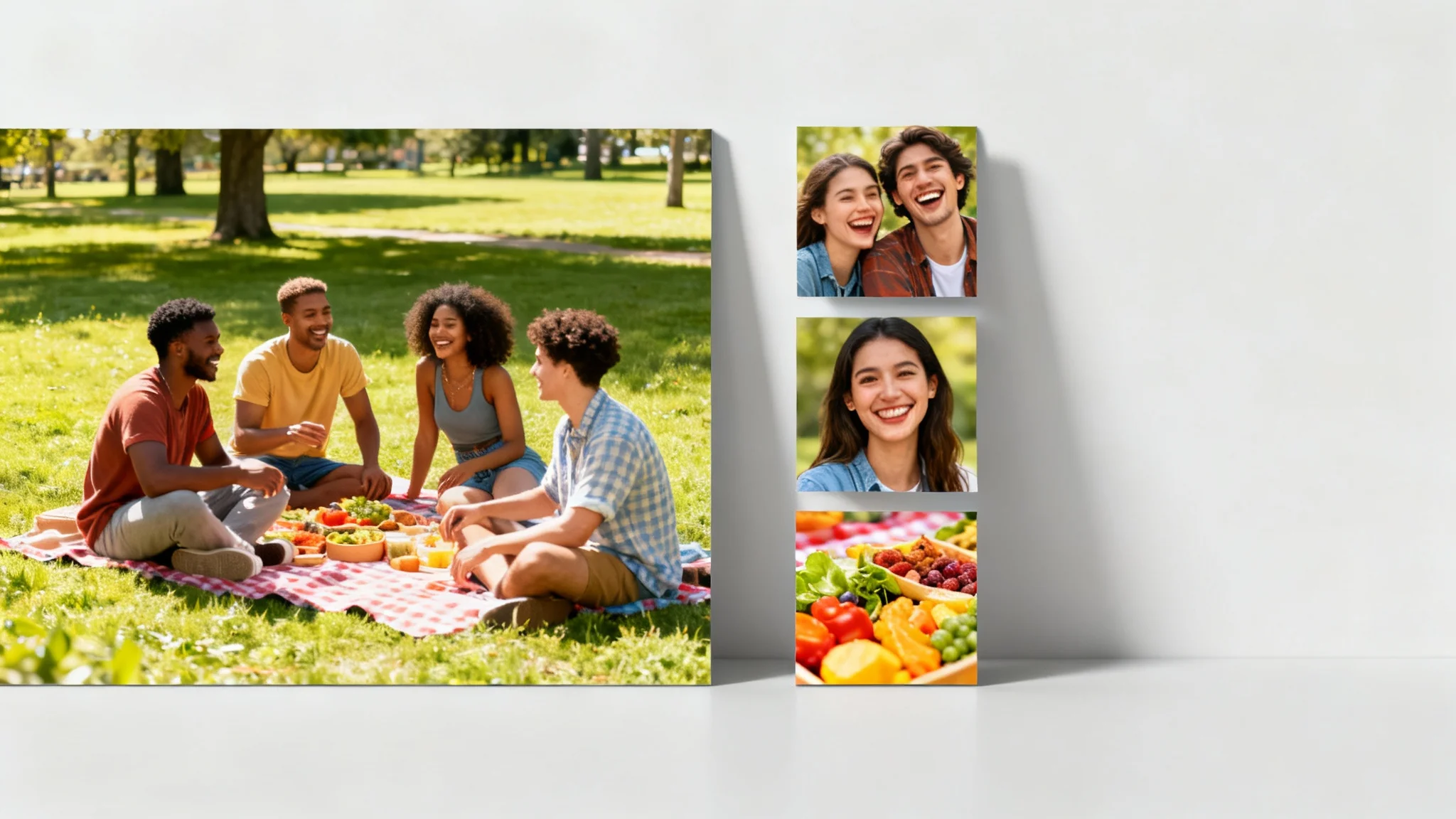 A visual representation of a smart crop tool. A large photo of friends at a picnic is shown next to three smaller, automatically cropped versions focusing on different subjects: a couple laughing, a single person, and the picnic food.