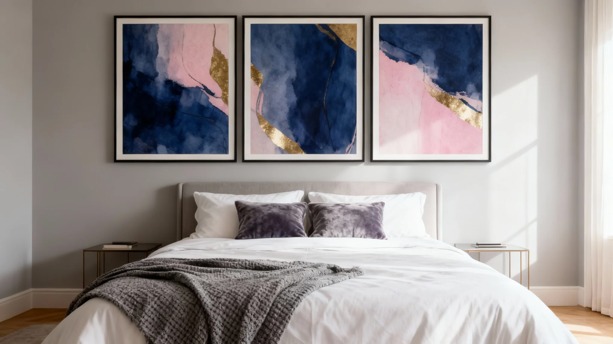 A final result showing a stylish bedroom with a modern triptych of abstract art in blue, pink, and gold hanging above a beautifully made bed.