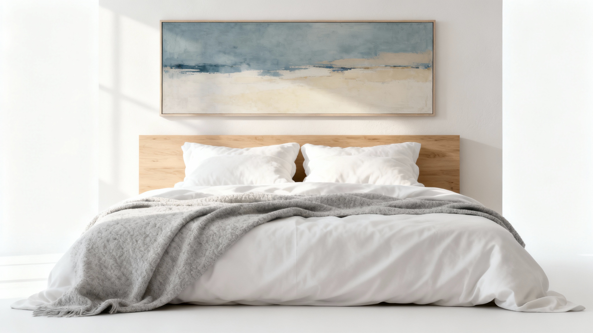A minimalist bedroom scene showing a large, horizontal abstract painting in muted blue and beige tones hanging above a neatly made bed with white and gray linens.