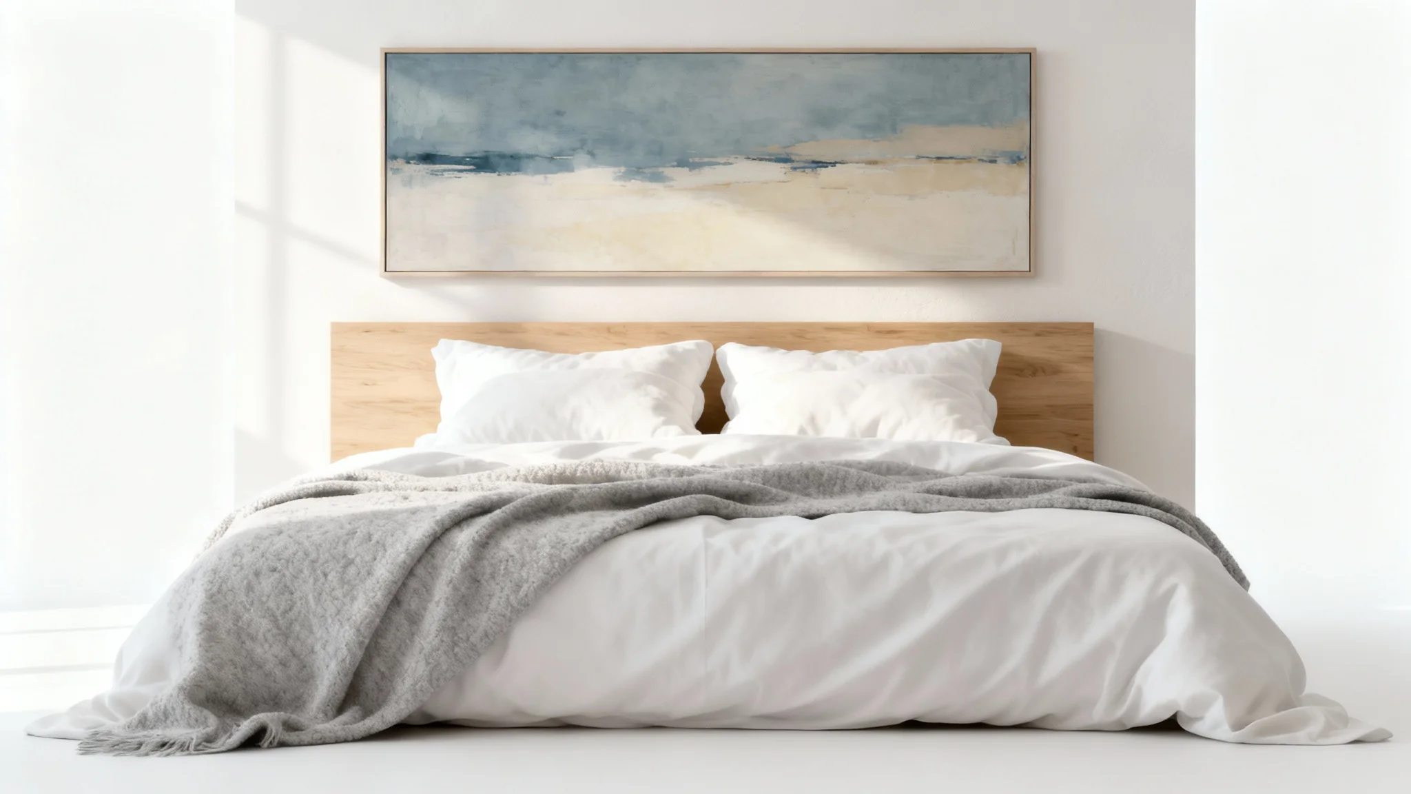 A minimalist bedroom scene showing a large, horizontal abstract painting in muted blue and beige tones hanging above a neatly made bed with white and gray linens.