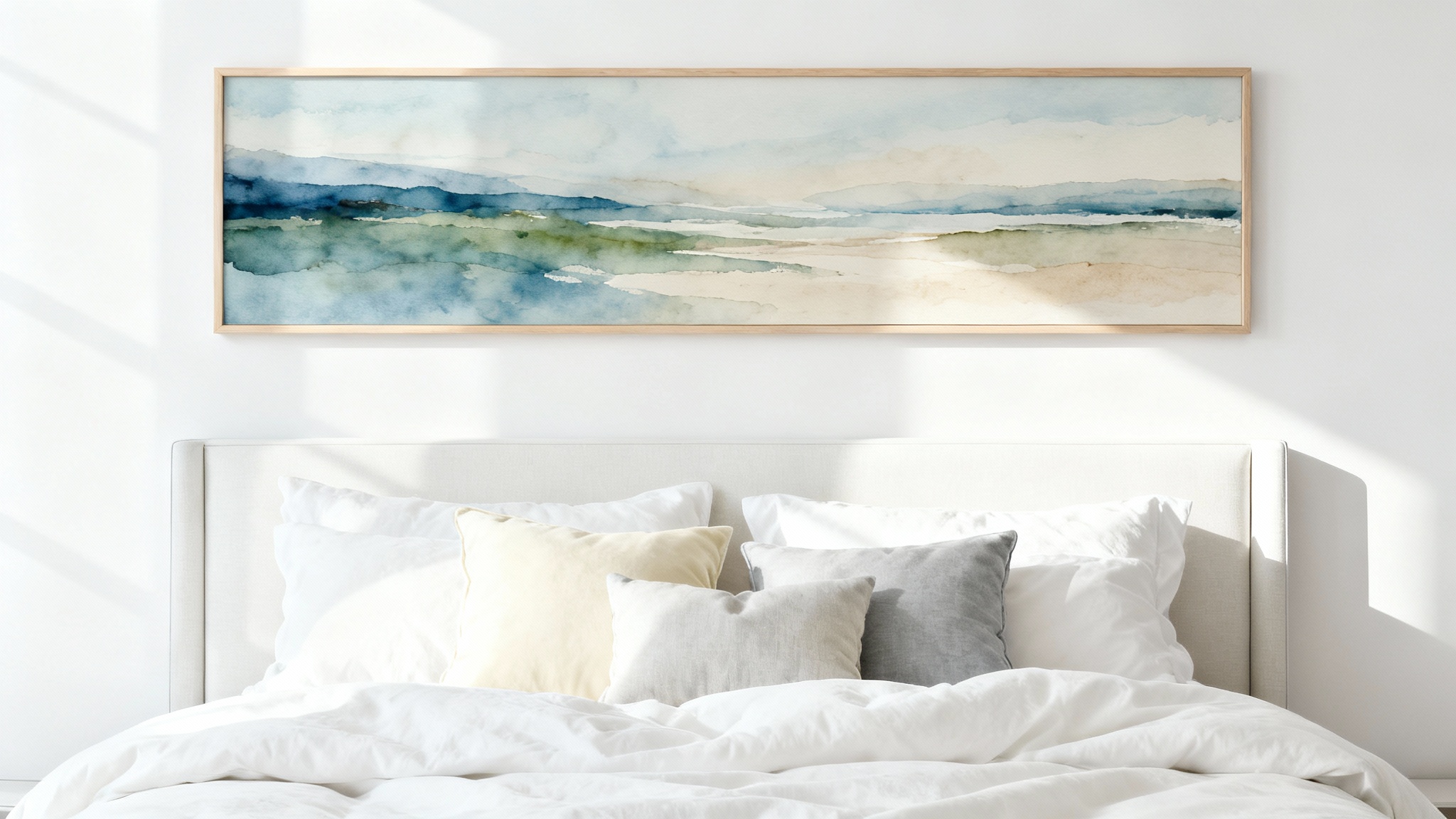 A photorealistic mockup of a modern bedroom showcasing a large, framed abstract landscape painting hanging above the headboard of a neatly made bed, set against a plain white background.