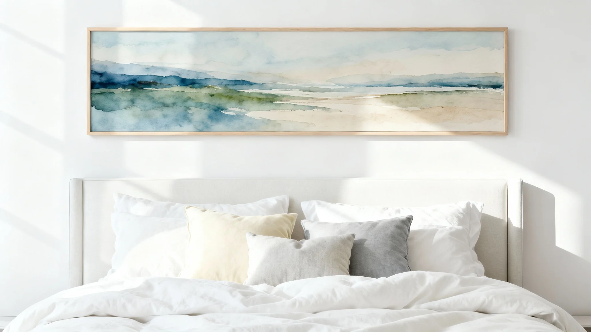 A photorealistic mockup of a modern bedroom showcasing a large, framed abstract landscape painting hanging above the headboard of a neatly made bed, set against a plain white background.
